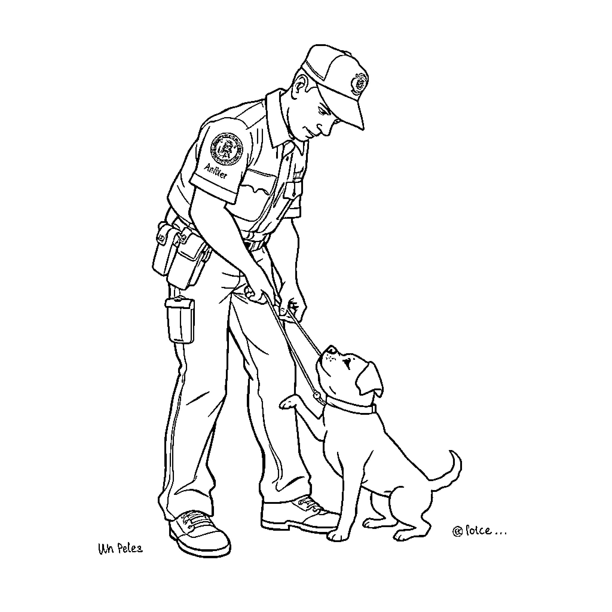 Dog walking with uniformed handler Coloring Page (free black-and-white line drawing printable PDF for all, from beginners to advanced learners, including children, teens, adults, and seniors)
