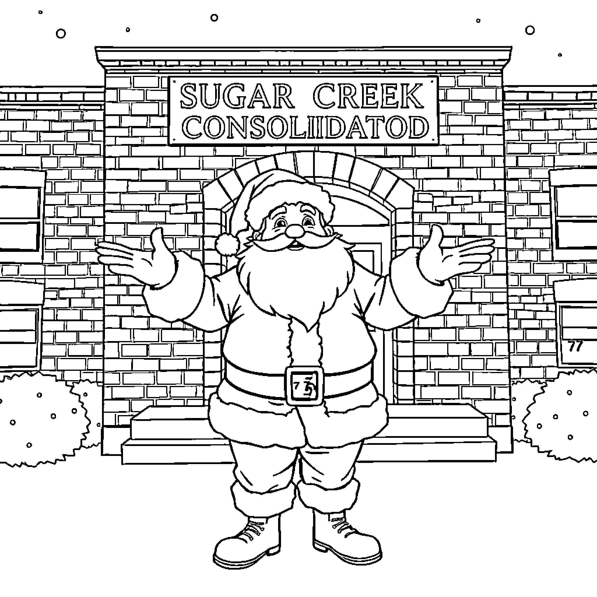 Santa waving happily outside Sugar Creek Consolidated Coloring Page (free black-and-white line drawing printable PDF for all, from beginners to advanced learners, including children, teens, adults, and seniors)