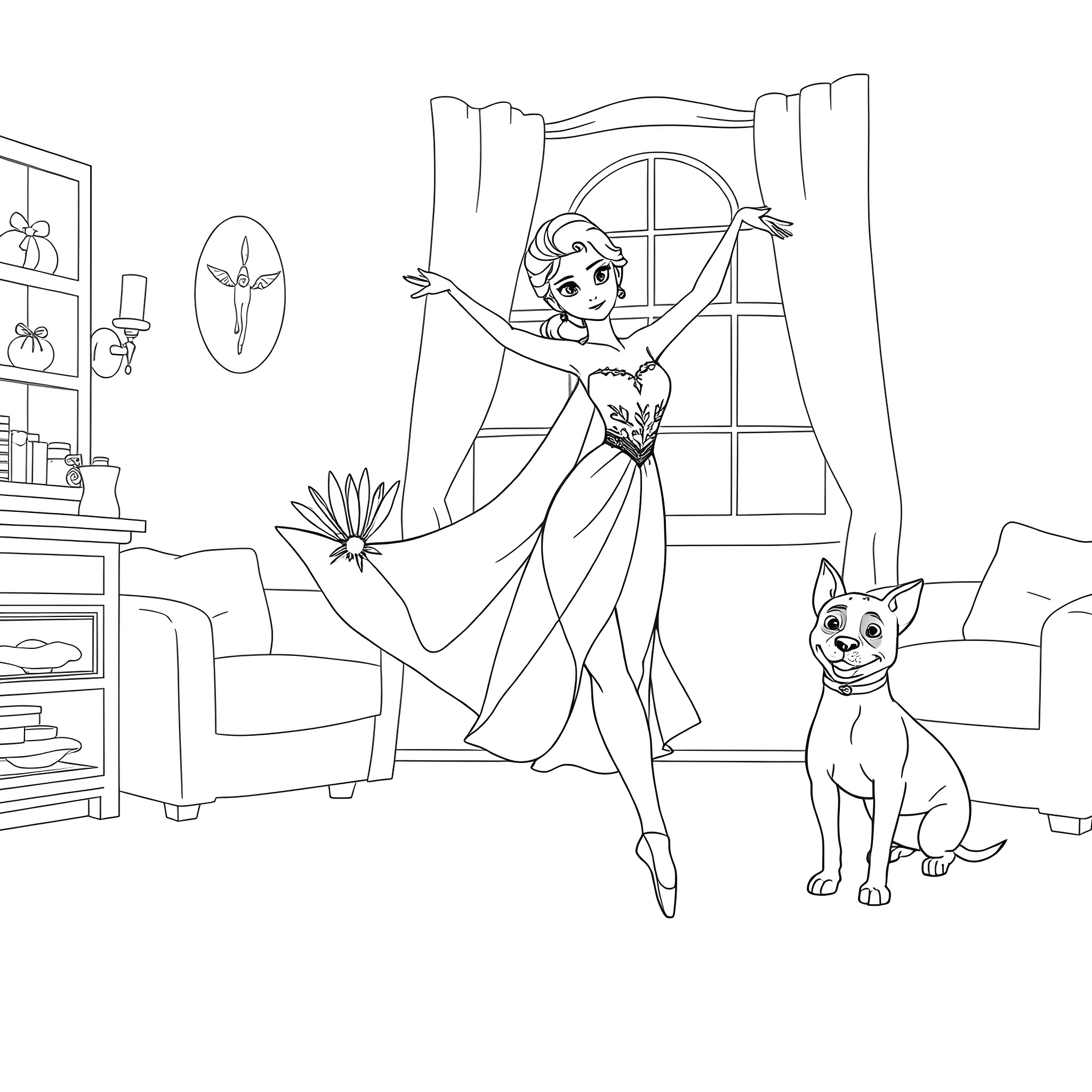 Elsa's Graceful Dance with her Feline Companion Coloring Page (free black-and-white line drawing printable PDF for all, from beginners to advanced learners, including children, teens, adults, and seniors)
