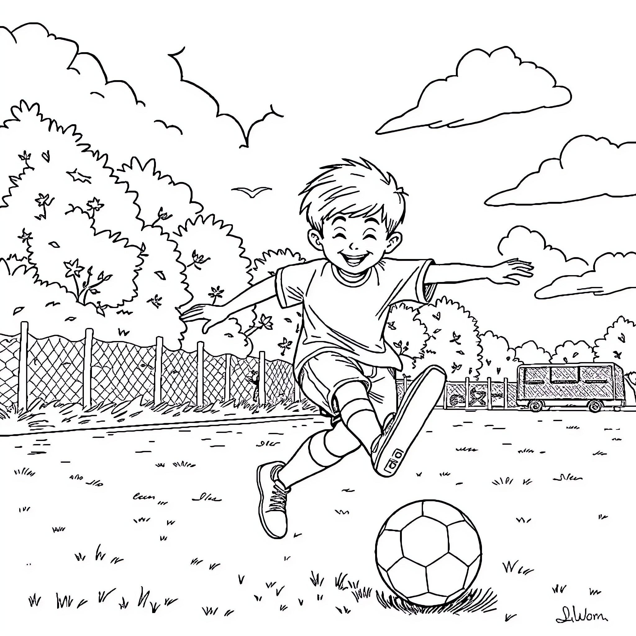 Enfant jouant joyeusement au football dans un parc Coloring Page (free black-and-white line drawing printable PDF for all, from beginners to advanced learners, including children, teens, adults, and seniors)