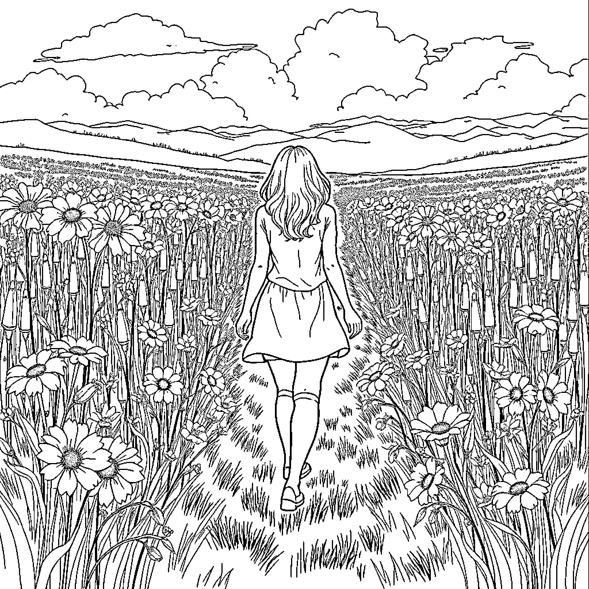 Woman walking through a flower field Coloring Page (free black-and-white line drawing printable PDF for all, from beginners to advanced learners, including children, teens, adults, and seniors)