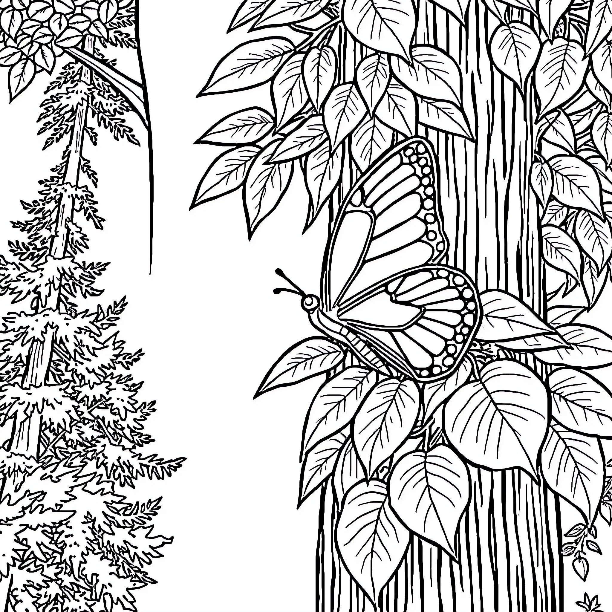 Butterfly in the Lush Foliage Coloring Page (free black-and-white line drawing printable PDF for all, from beginners to advanced learners, including children, teens, adults, and seniors)