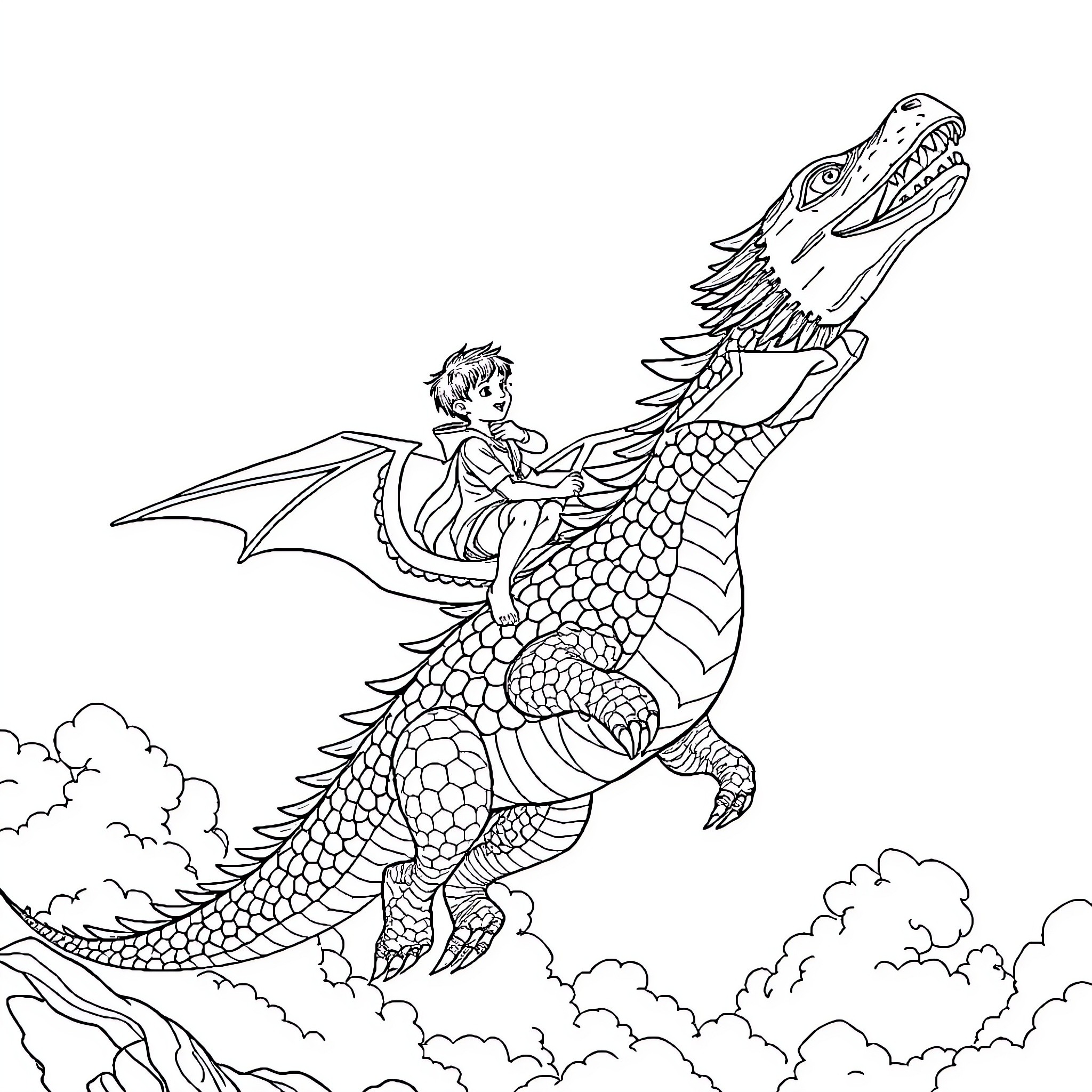 Boy riding atop a fantastic dragon in the sky Coloring Page (free black-and-white line drawing printable PDF for all, from beginners to advanced learners, including children, teens, adults, and seniors)