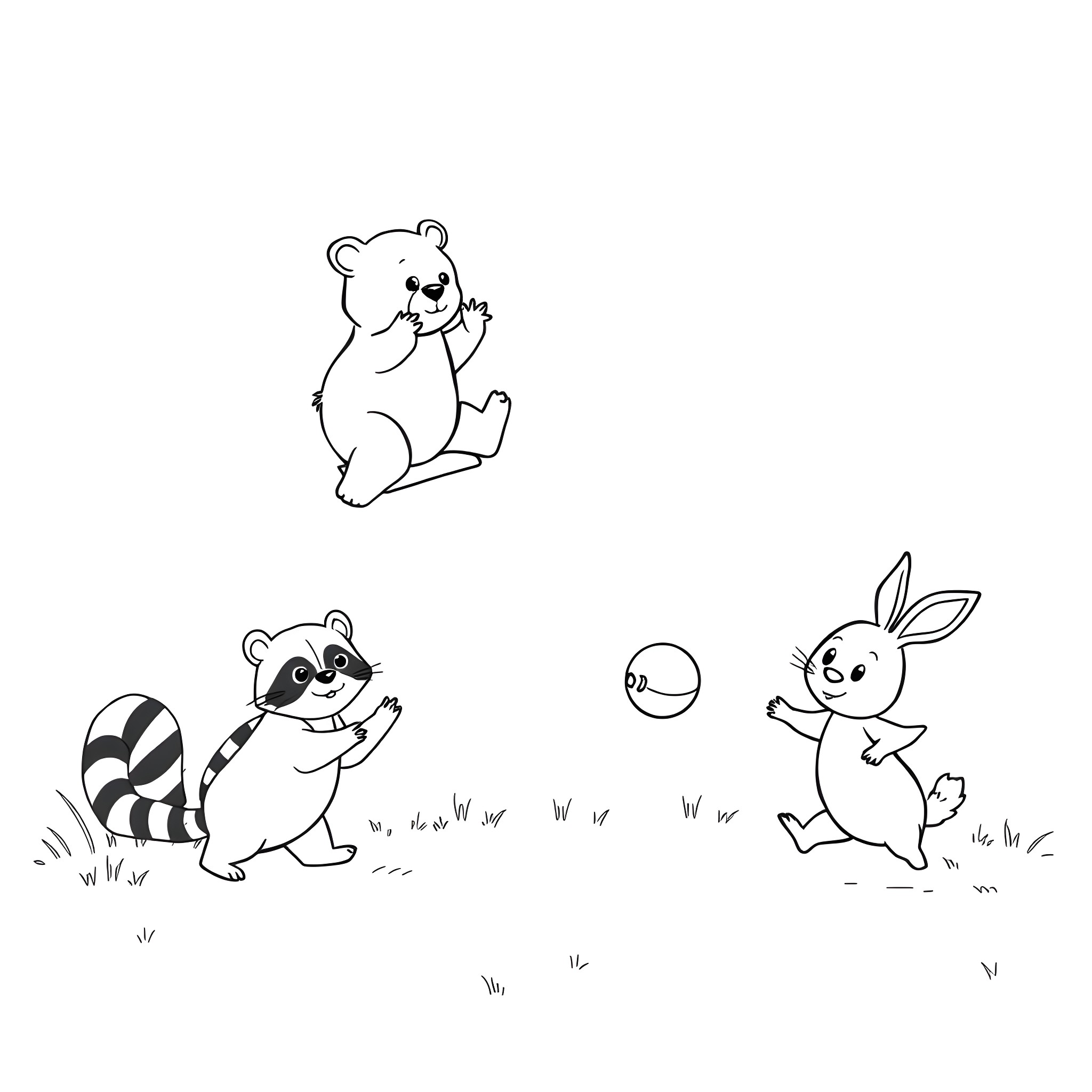 Animal friends playing in the park Coloring Page (free black-and-white line drawing printable PDF for all, from beginners to advanced learners, including children, teens, adults, and seniors)