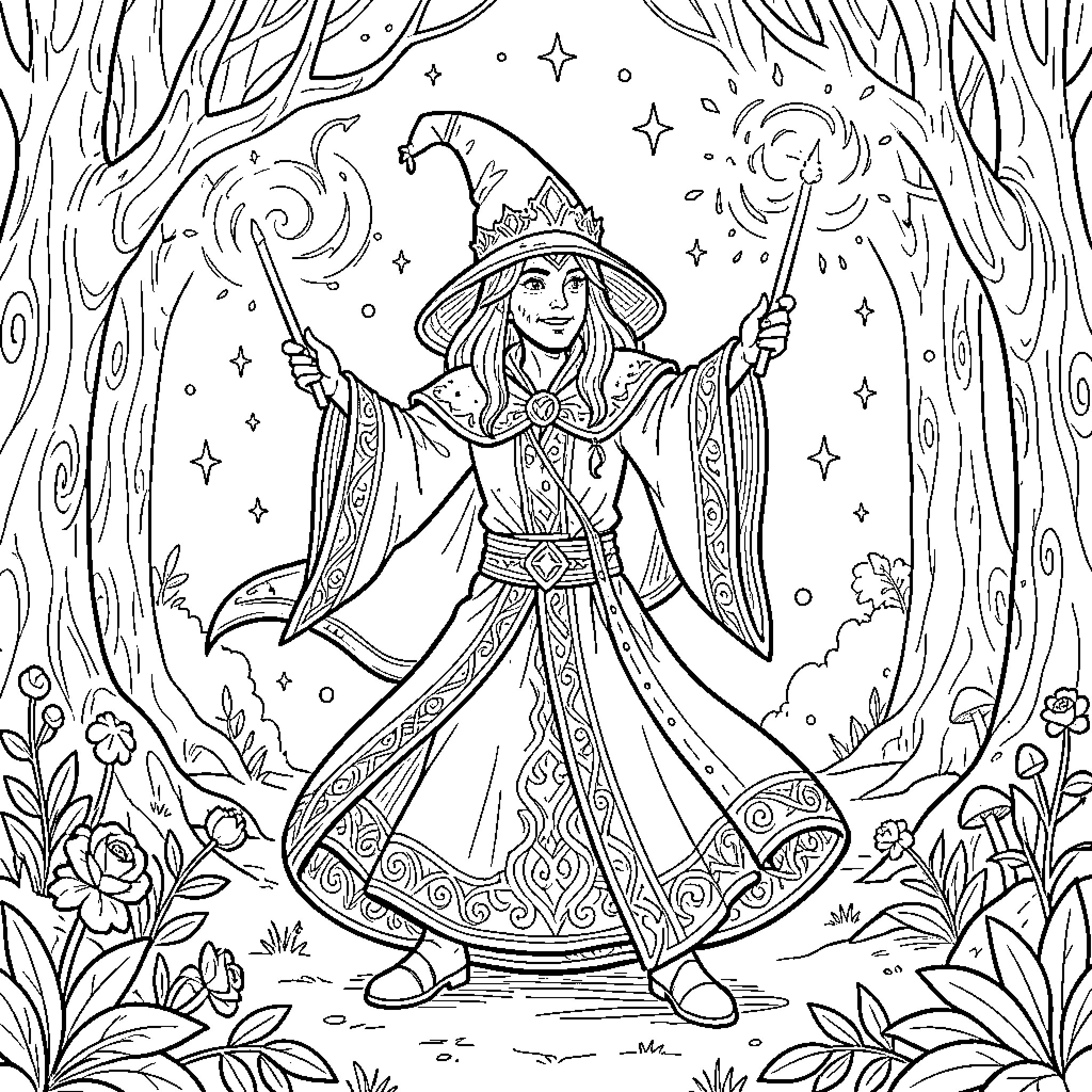 Magician casting spells with wands in a forest Coloring Page (free black-and-white line drawing printable PDF for all, from beginners to advanced learners, including children, teens, adults, and seniors)