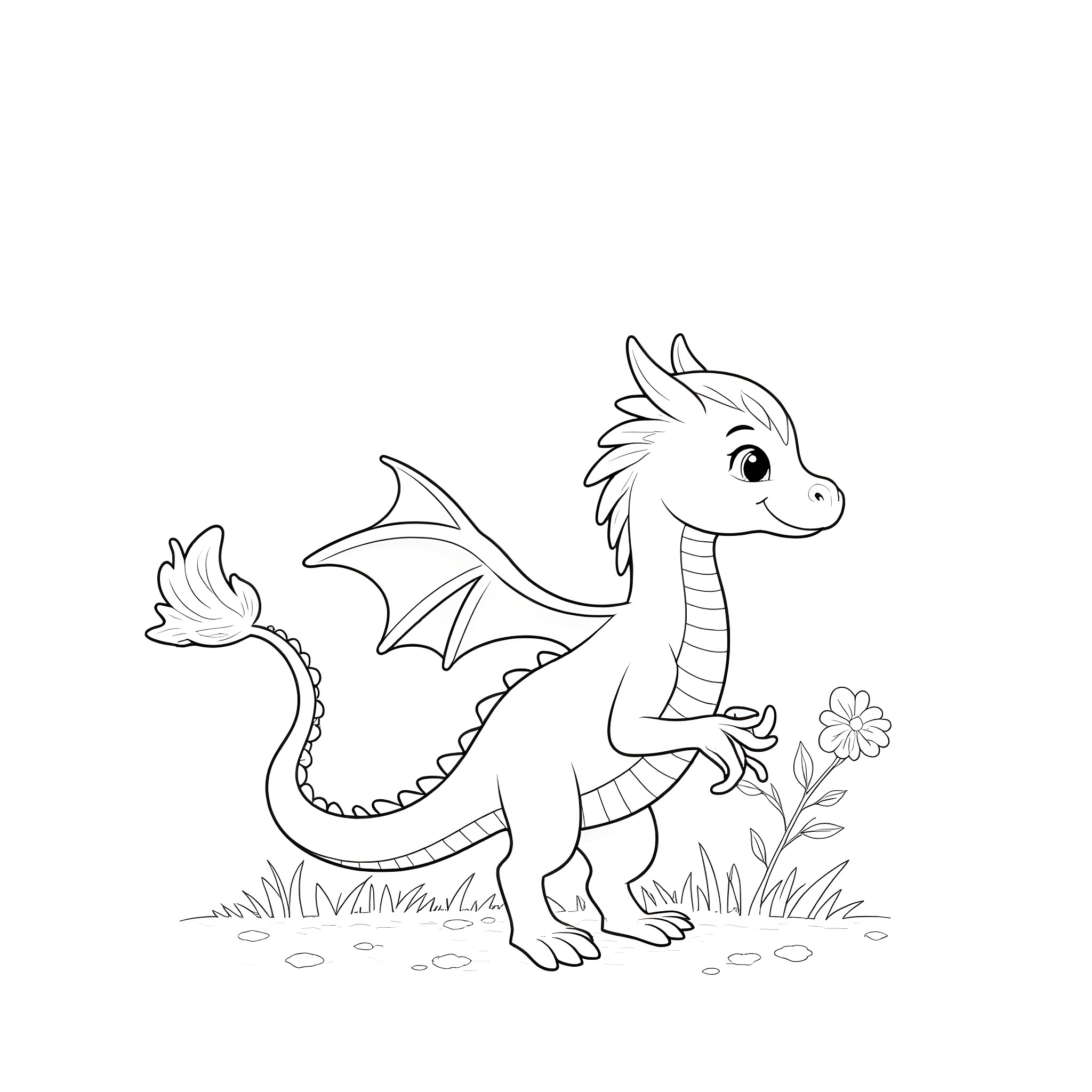 Dragon playfully exploring a flower-filled meadow Coloring Page (free black-and-white line drawing printable PDF for all, from beginners to advanced learners, including children, teens, adults, and seniors)