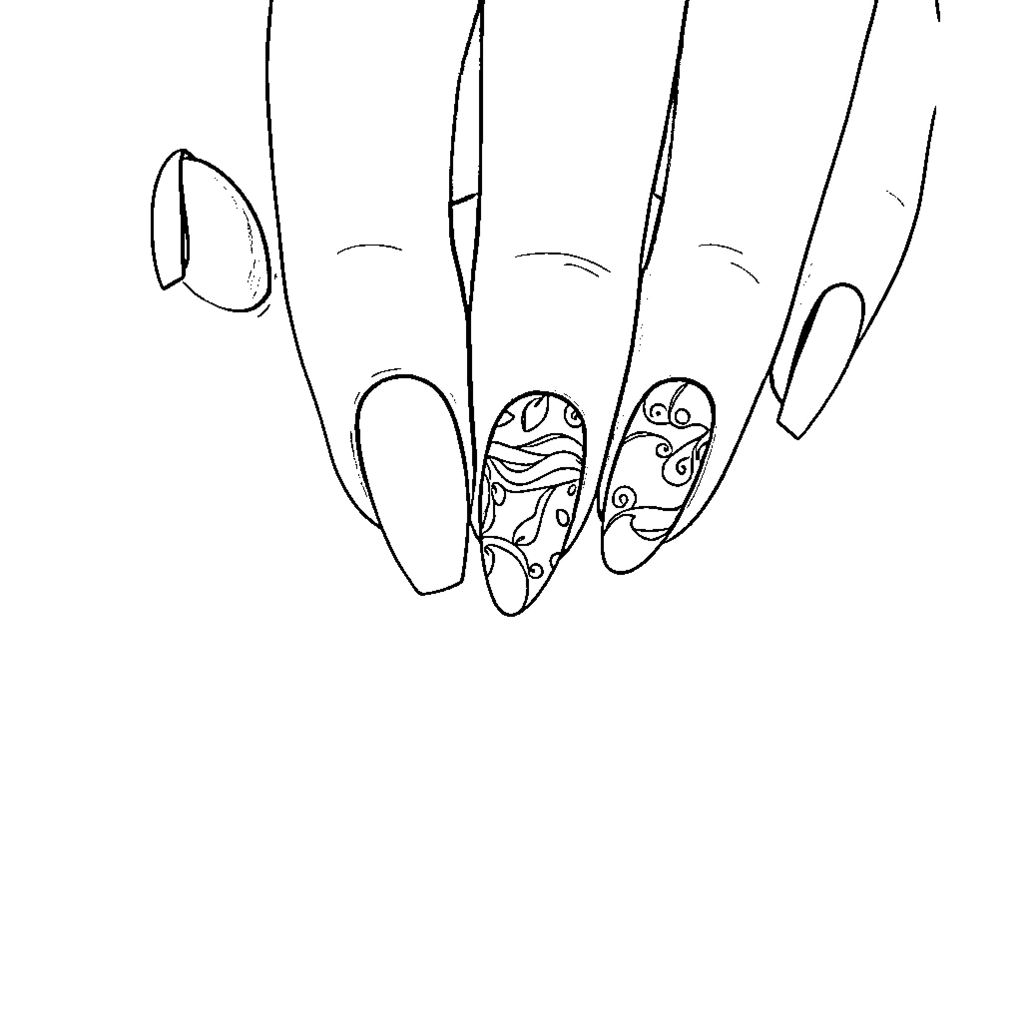 Nail Designs Featuring Abstract Patterns Coloring Page (free black-and-white line drawing printable PDF for all, from beginners to advanced learners, including children, teens, adults, and seniors)