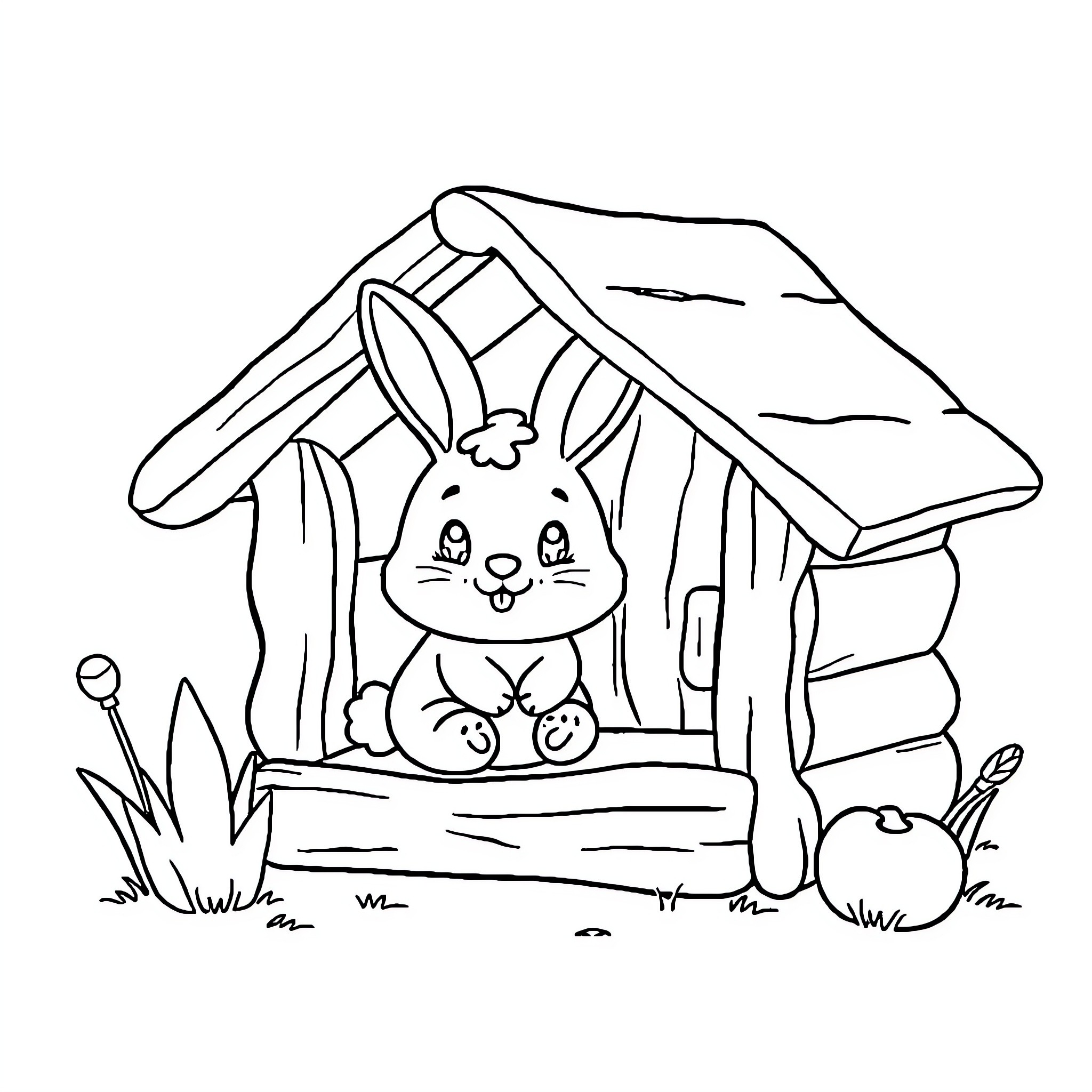 Bunny resting in a cozy wooden house Coloring Page (free black-and-white line drawing printable PDF for all, from beginners to advanced learners, including children, teens, adults, and seniors)