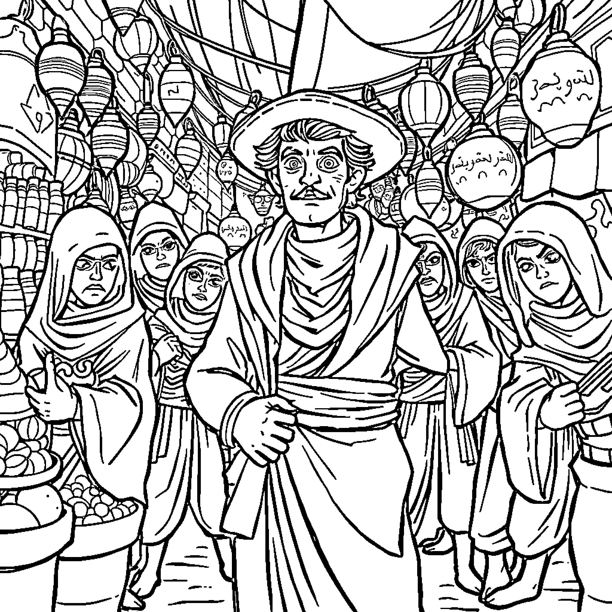 Aladdin in a bustling Middle Eastern marketplace Coloring Page (free black-and-white line drawing printable PDF for all, from beginners to advanced learners, including children, teens, adults, and seniors)