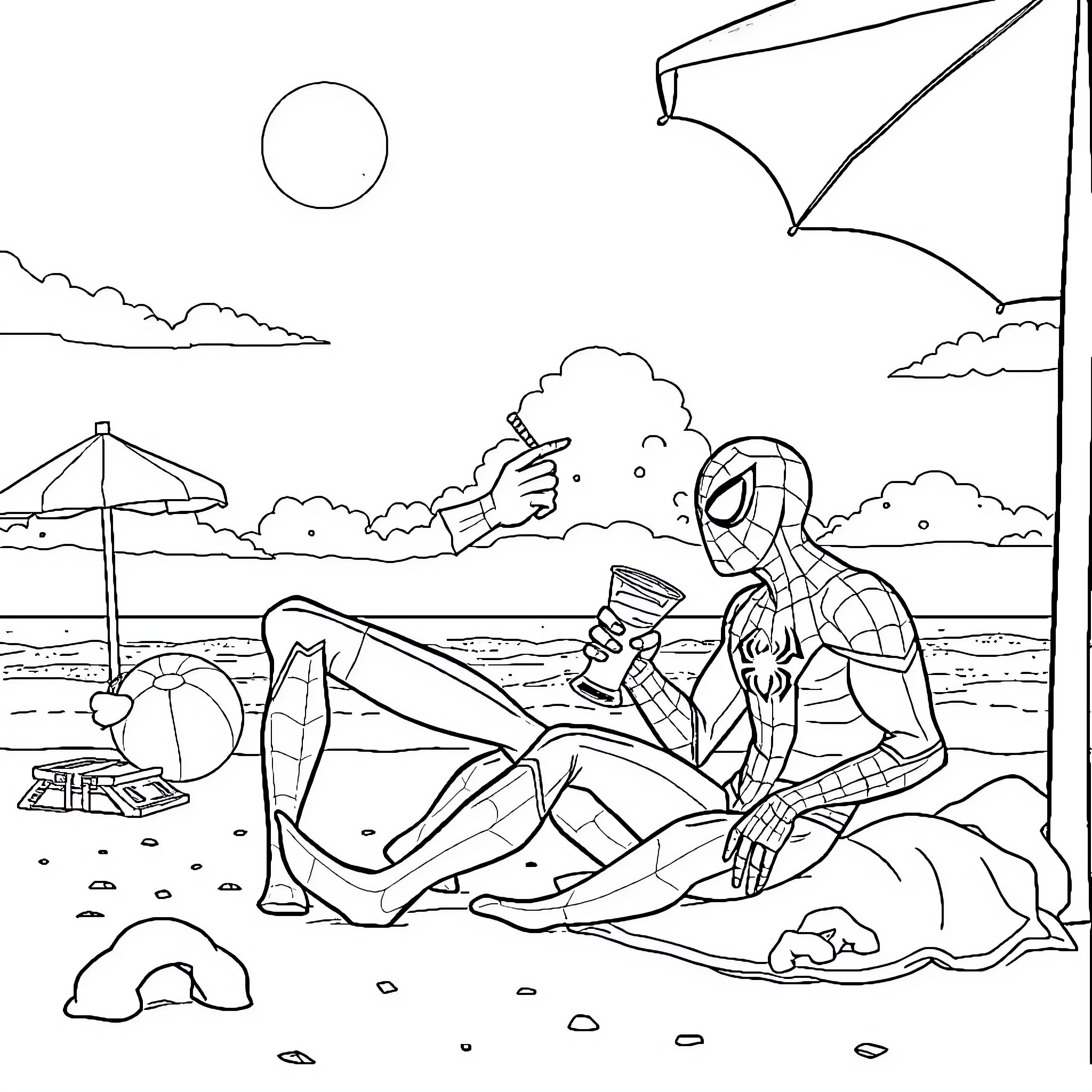 Spiderman relaxing on the beach Coloring Page (free black-and-white line drawing printable PDF for all, from beginners to advanced learners, including children, teens, adults, and seniors)