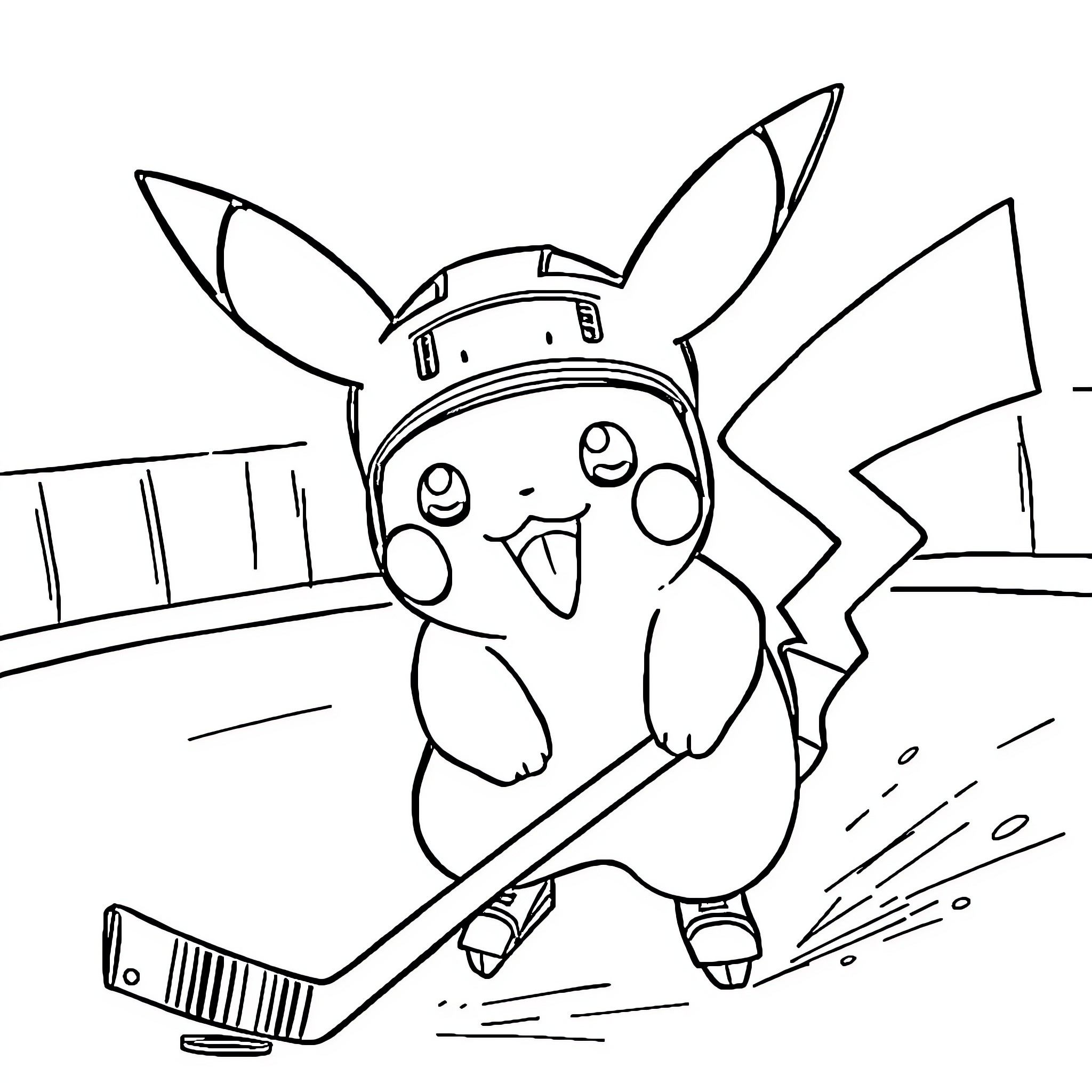 Pikachu playing hockey on ice rink Coloring Page (free black-and-white line drawing printable PDF for all, from beginners to advanced learners, including children, teens, adults, and seniors)