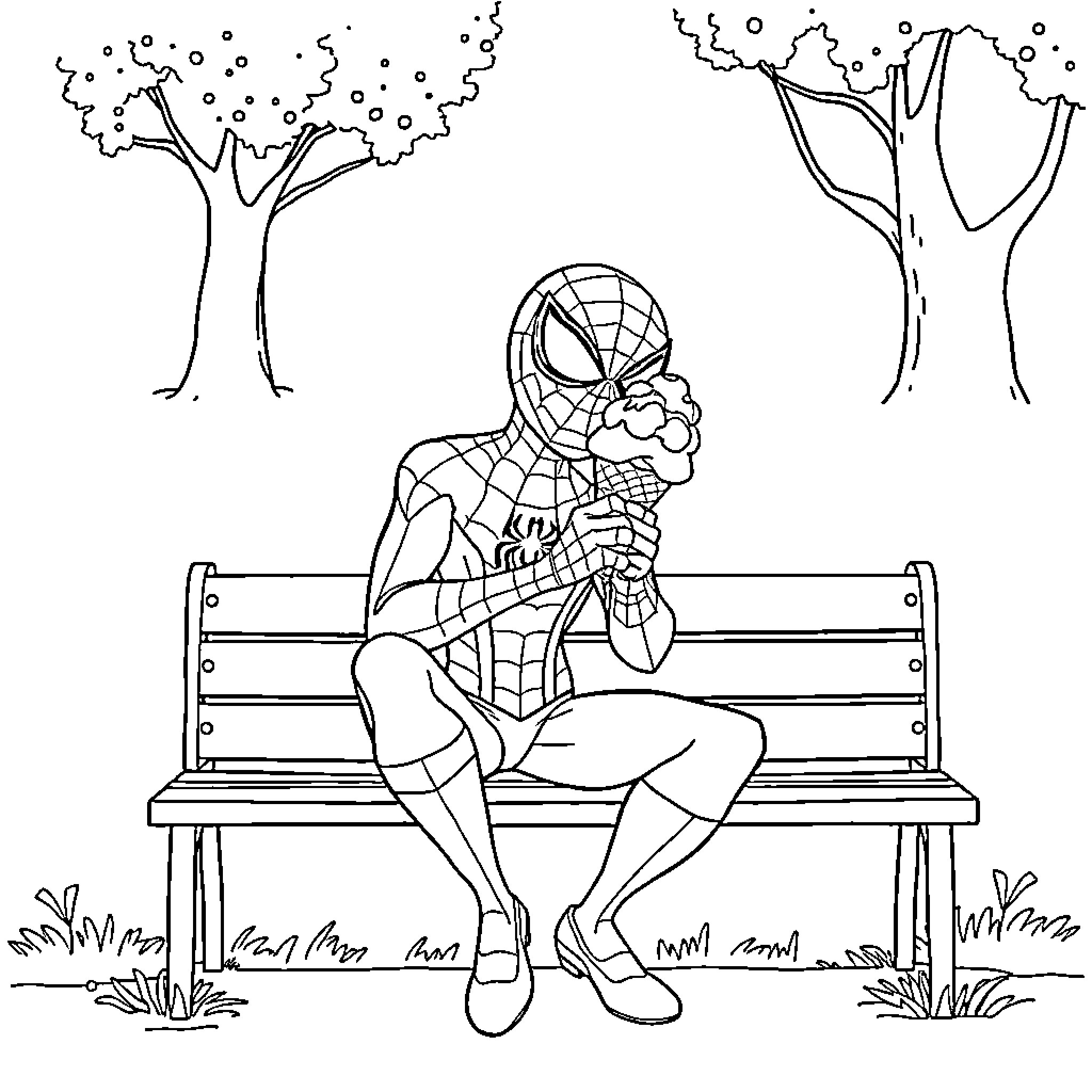 Spiderman resting on a park bench Coloring Page (free black-and-white line drawing printable PDF for all, from beginners to advanced learners, including children, teens, adults, and seniors)