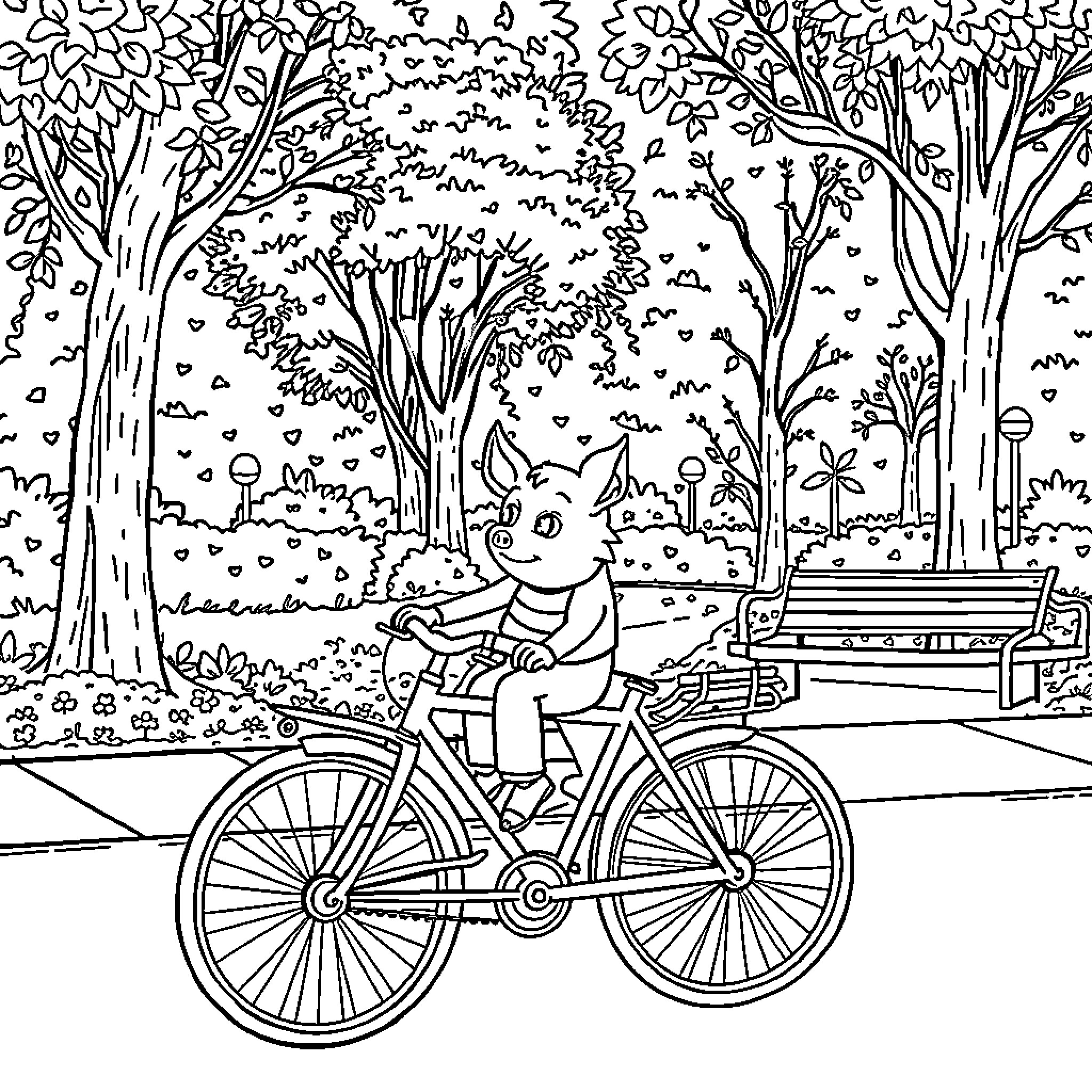 Girl riding bicycle in park with trees Coloring Page (free black-and-white line drawing printable PDF for all, from beginners to advanced learners, including children, teens, adults, and seniors)