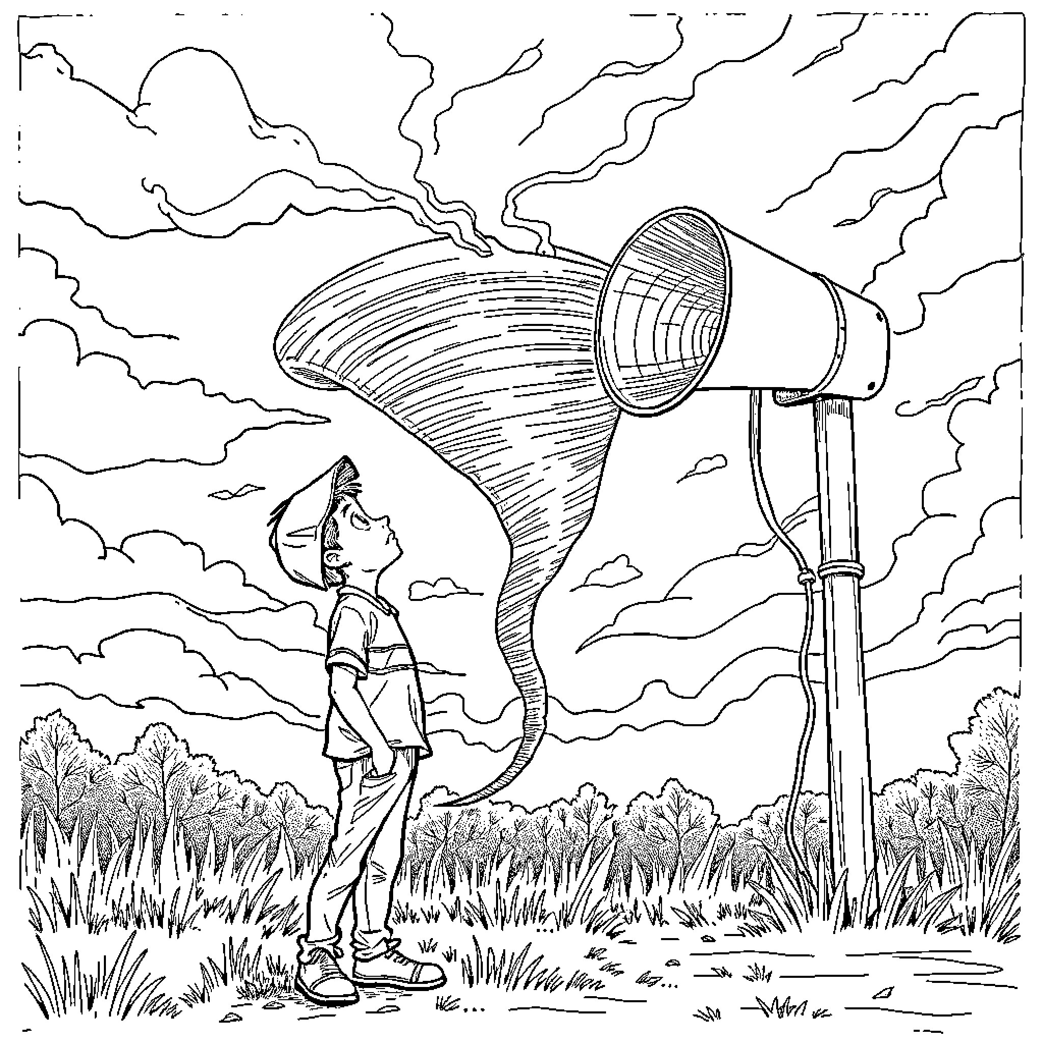 Tornado Siren Warnings in Countryside Coloring Page (free black-and-white line drawing printable PDF for all, from beginners to advanced learners, including children, teens, adults, and seniors)