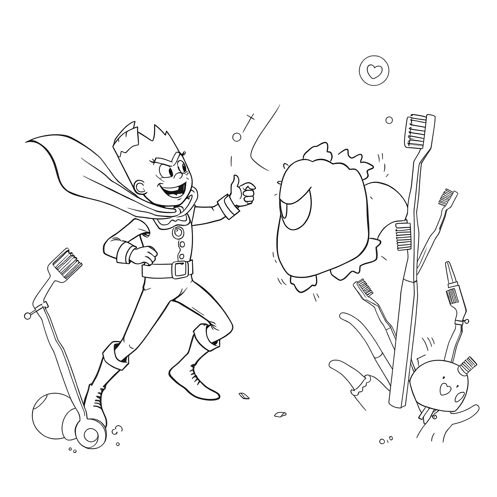 Captain Toothpaste's Dental Adventure Coloring Page (free black-and-white line drawing printable PDF for all, from beginners to advanced learners, including children, teens, adults, and seniors)