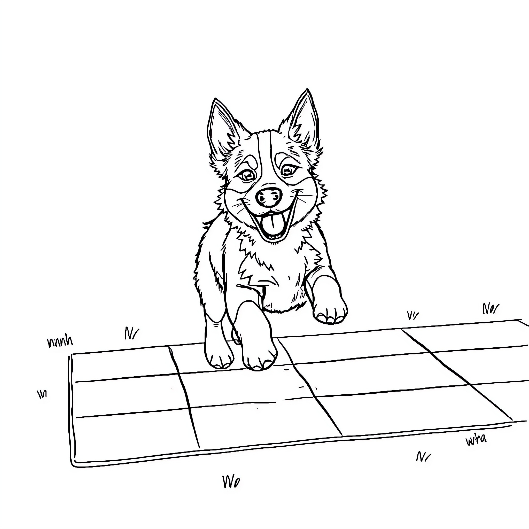 Bluey playing happily on a chessboard Coloring Page (free black-and-white line drawing printable PDF for all, from beginners to advanced learners, including children, teens, adults, and seniors)