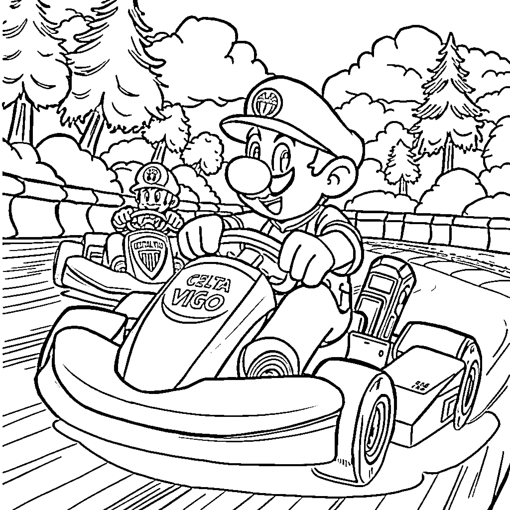 Mario Kart Racing Adventure in the Forest Coloring Page (free black-and-white line drawing printable PDF for all, from beginners to advanced learners, including children, teens, adults, and seniors)