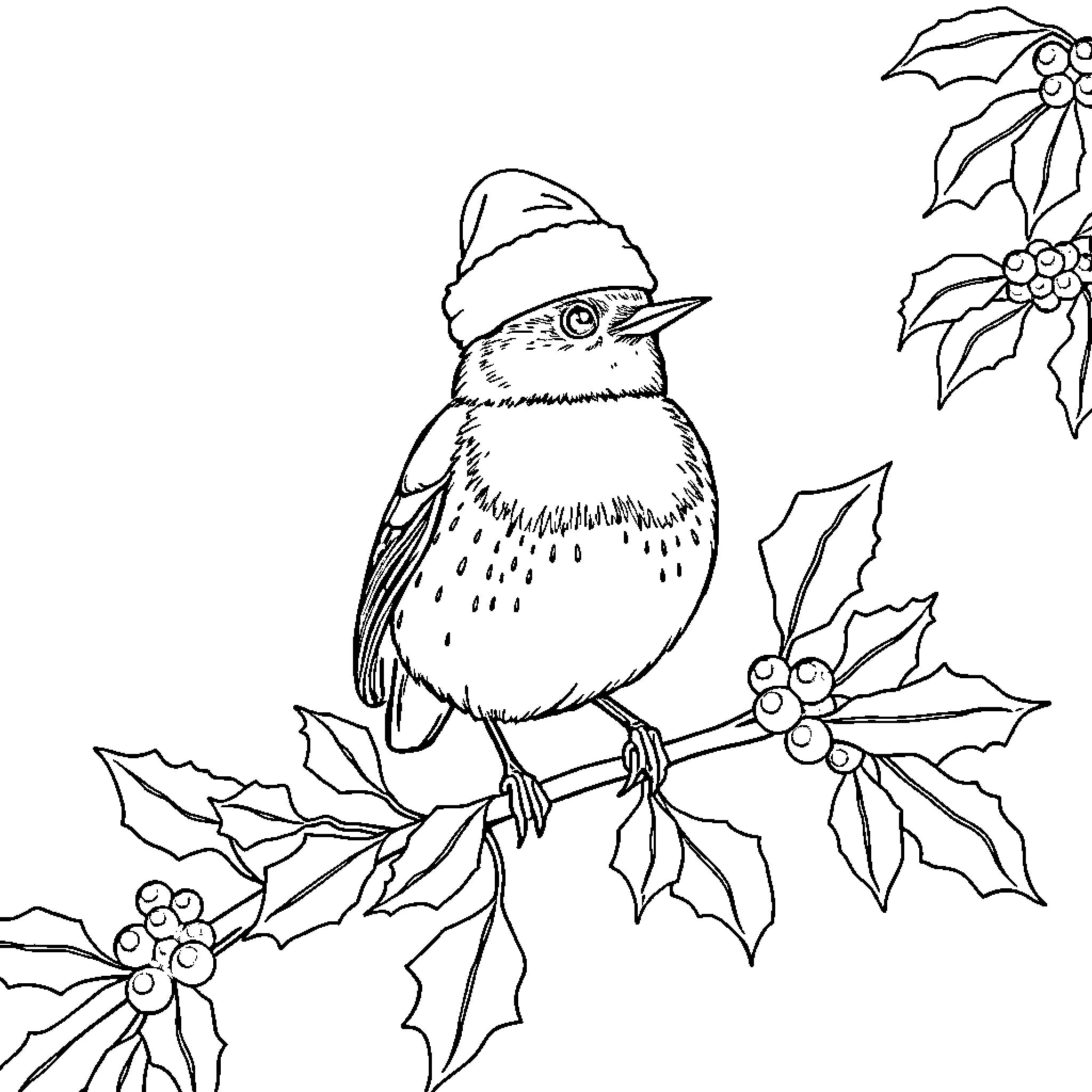 Robin wearing a hat and perched on holly branches Coloring Page (free black-and-white line drawing printable PDF for all, from beginners to advanced learners, including children, teens, adults, and seniors)