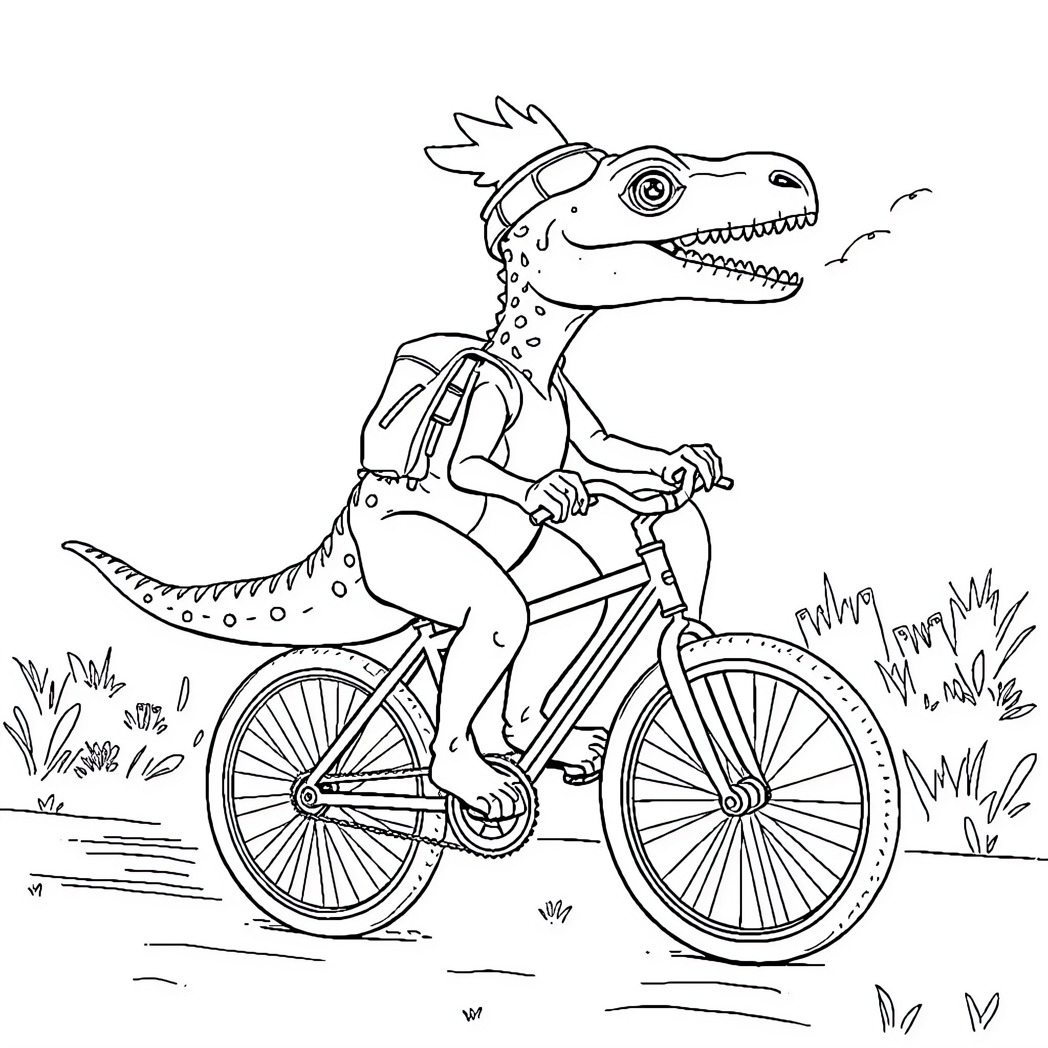 Velociraptor riding a bicycle through nature Coloring Page (free black-and-white line drawing printable PDF for all, from beginners to advanced learners, including children, teens, adults, and seniors)
