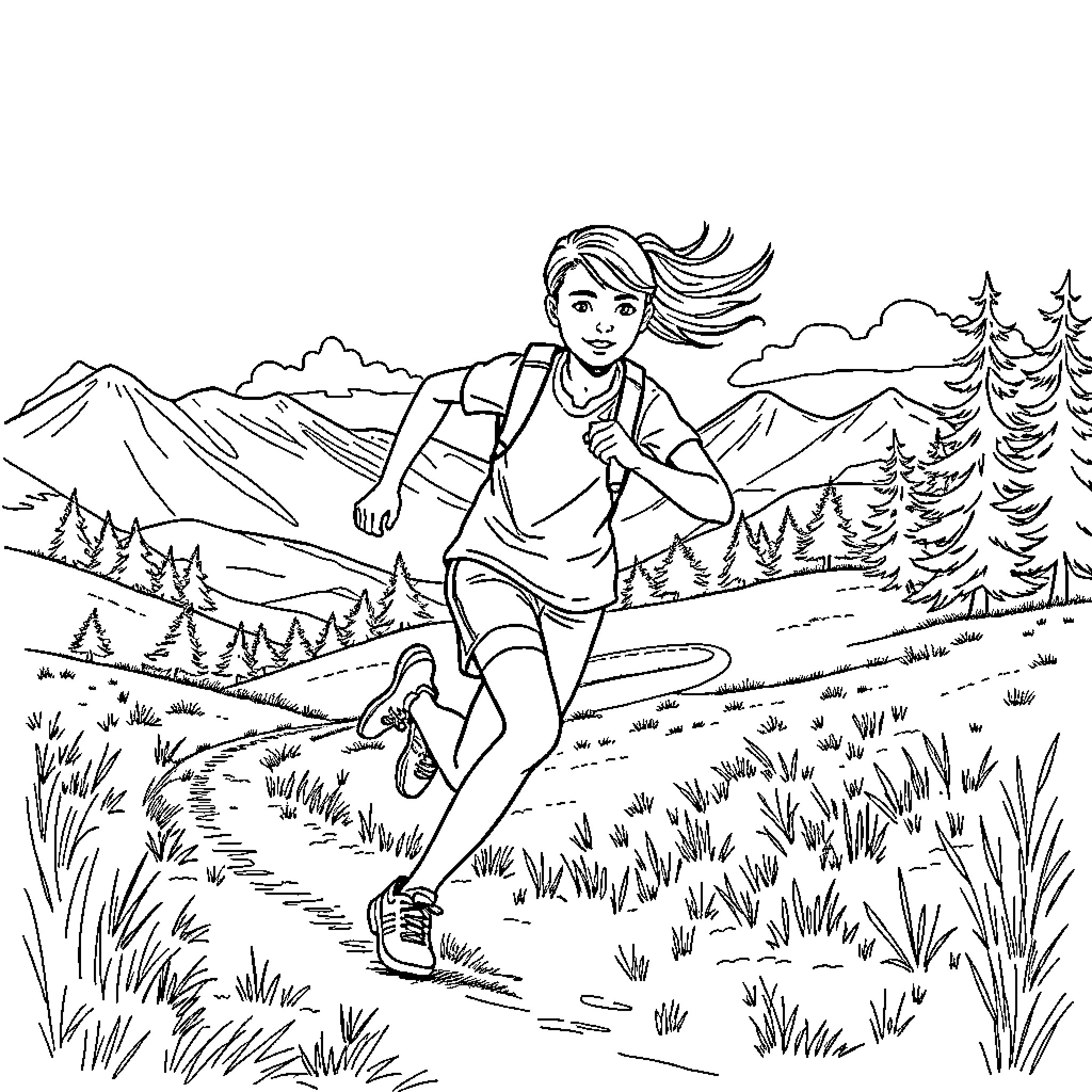 Teen hiking amidst scenic mountain landscape Coloring Page (free black-and-white line drawing printable PDF for all, from beginners to advanced learners, including children, teens, adults, and seniors)