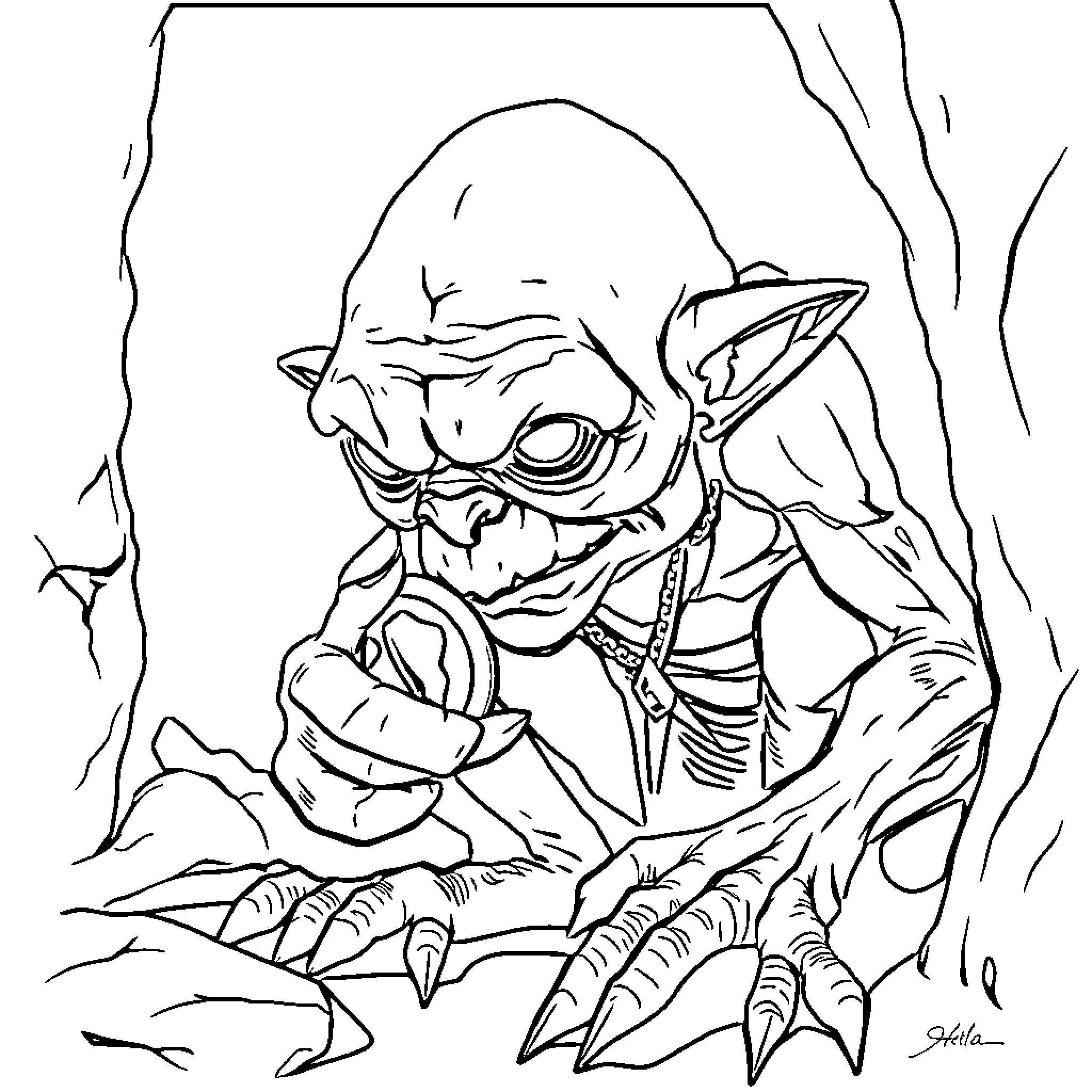 Gollum's Ominous Presence in the Shadows Coloring Page (free black-and-white line drawing printable PDF for all, from beginners to advanced learners, including children, teens, adults, and seniors)
