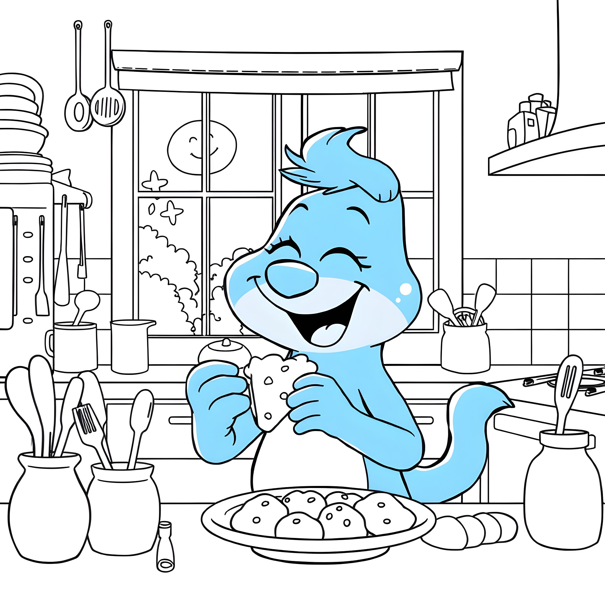 Bluey Enjoying a Delicious Meal in the Kitchen Coloring Page (free black-and-white line drawing printable PDF for all, from beginners to advanced learners, including children, teens, adults, and seniors)