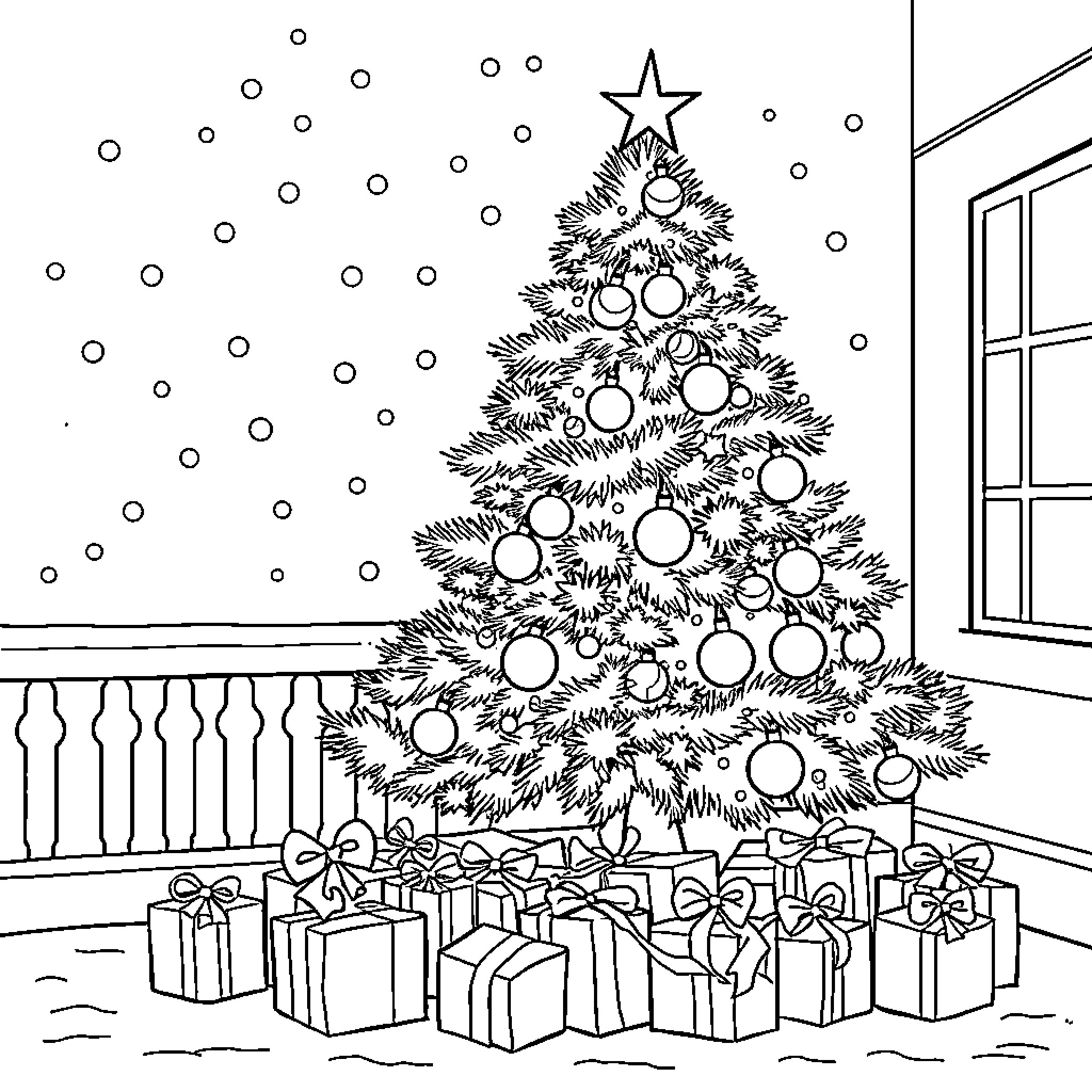 Christmas decorated tree with presents below Coloring Page (free black-and-white line drawing printable PDF for all, from beginners to advanced learners, including children, teens, adults, and seniors)