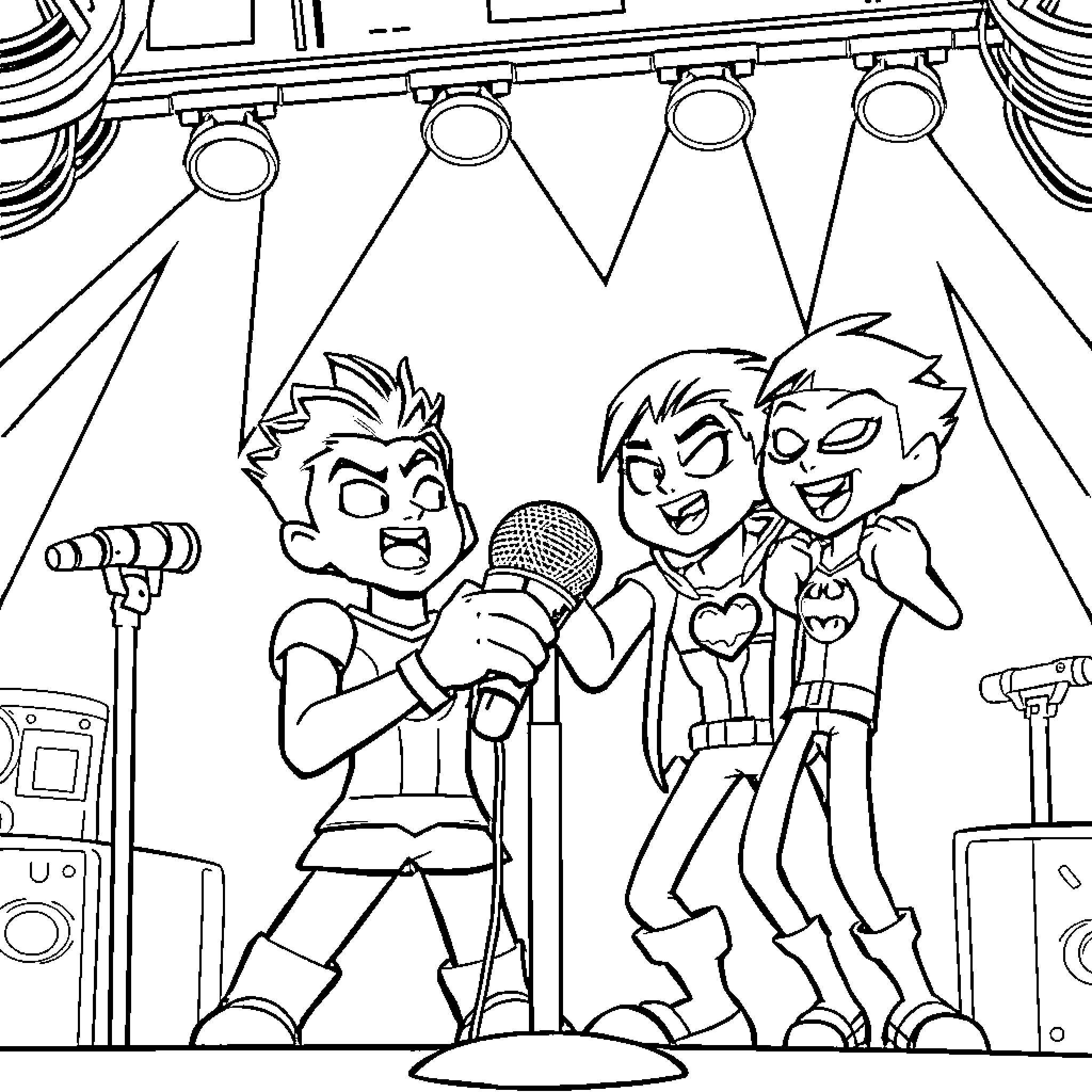 Teen Titans Performing on Stage Coloring Page (free black-and-white line drawing printable PDF for all, from beginners to advanced learners, including children, teens, adults, and seniors)