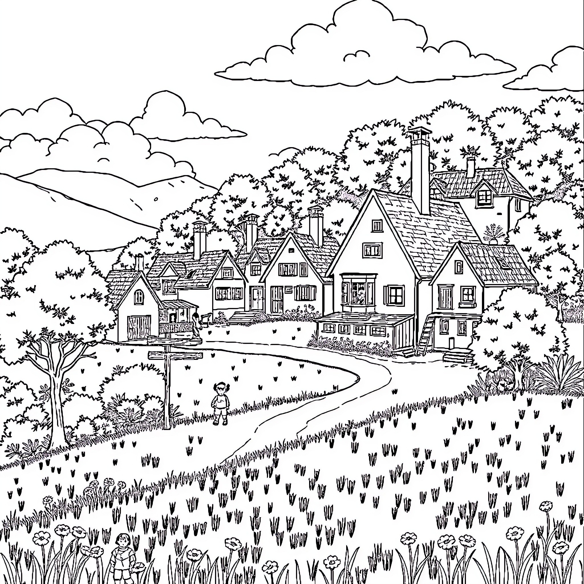 Child exploring the quaint countryside village Coloring Page (free black-and-white line drawing printable PDF for all, from beginners to advanced learners, including children, teens, adults, and seniors)
