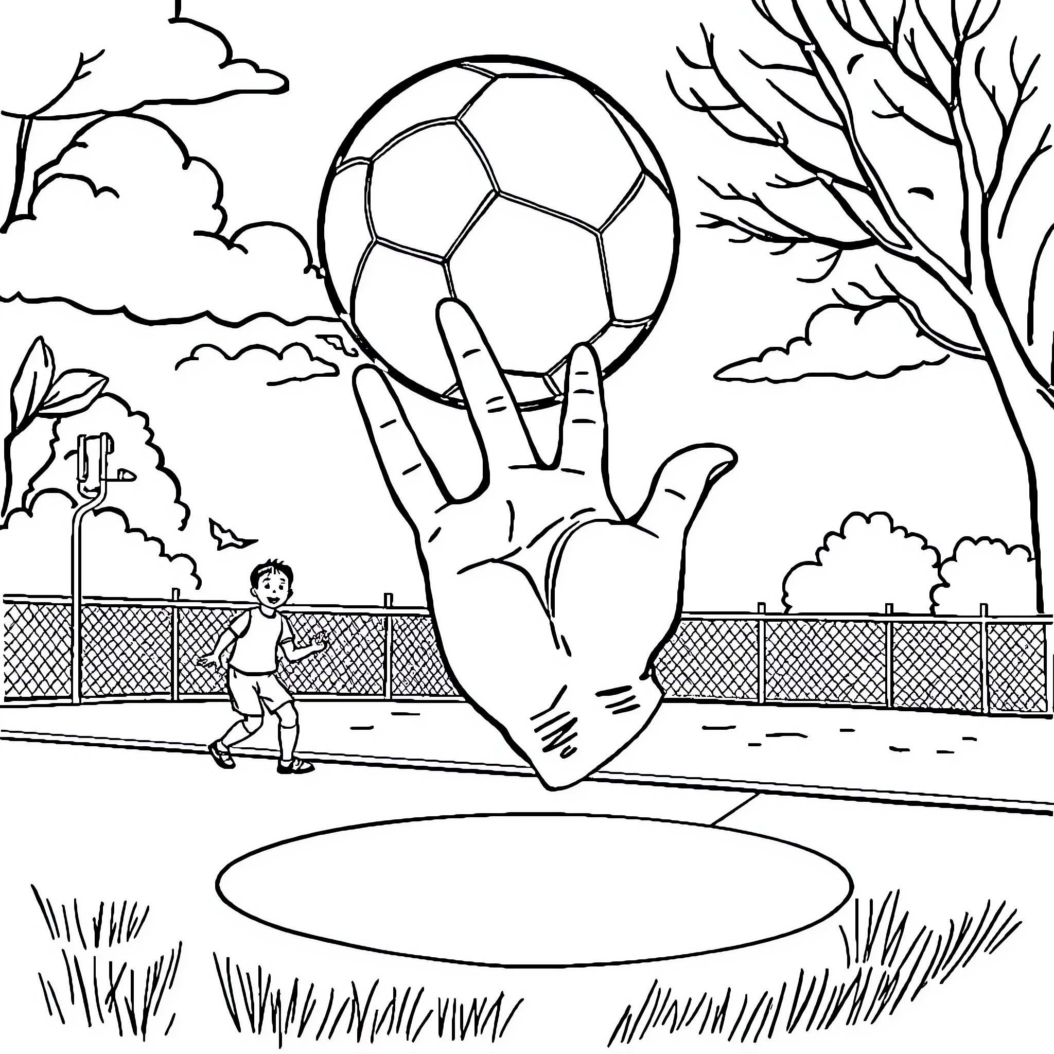 Hand Ball Game at the Park Coloring Page (free black-and-white line drawing printable PDF for all, from beginners to advanced learners, including children, teens, adults, and seniors)