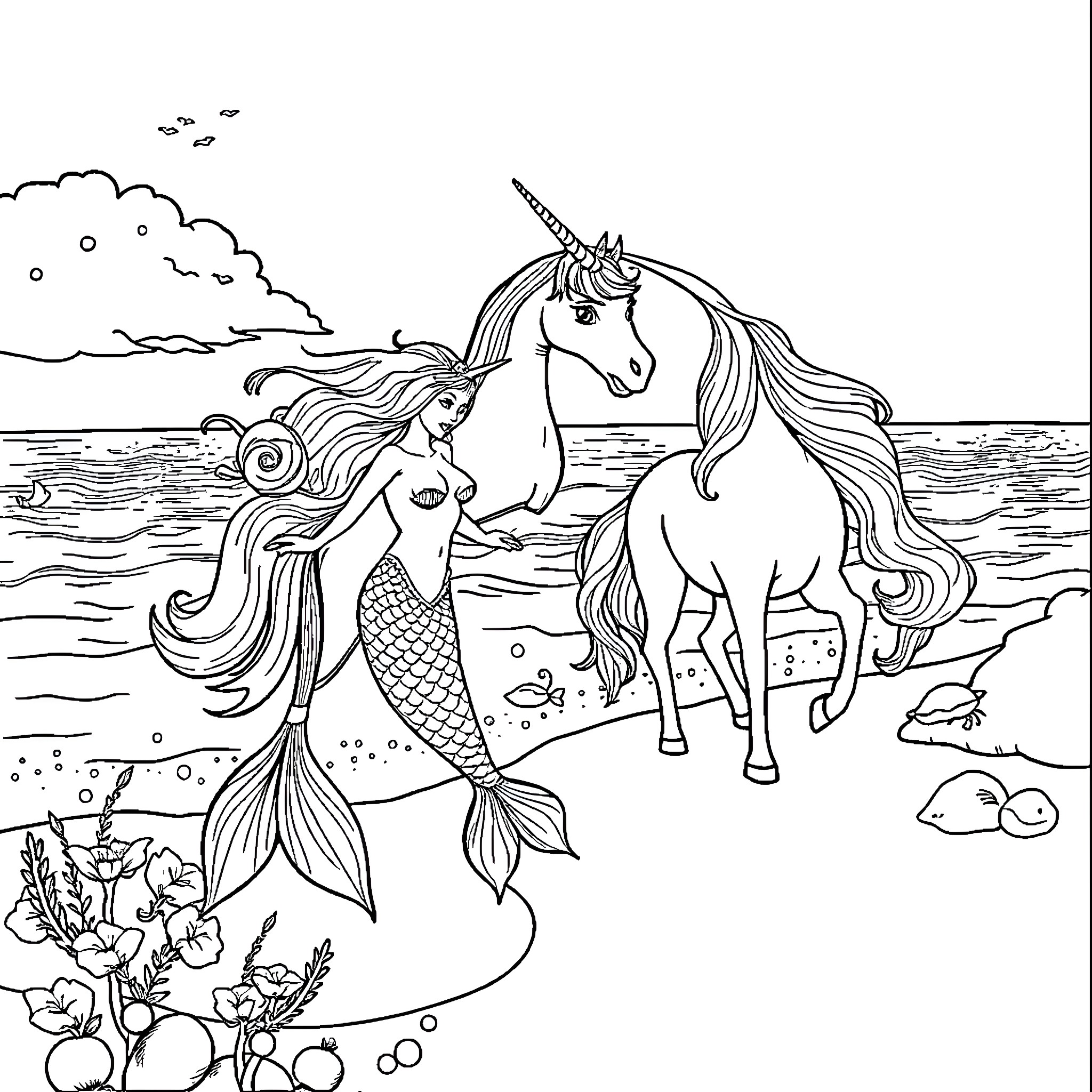 Mermaid and Unicorn by the Seashore Coloring Page (free black-and-white line drawing printable PDF for all, from beginners to advanced learners, including children, teens, adults, and seniors)