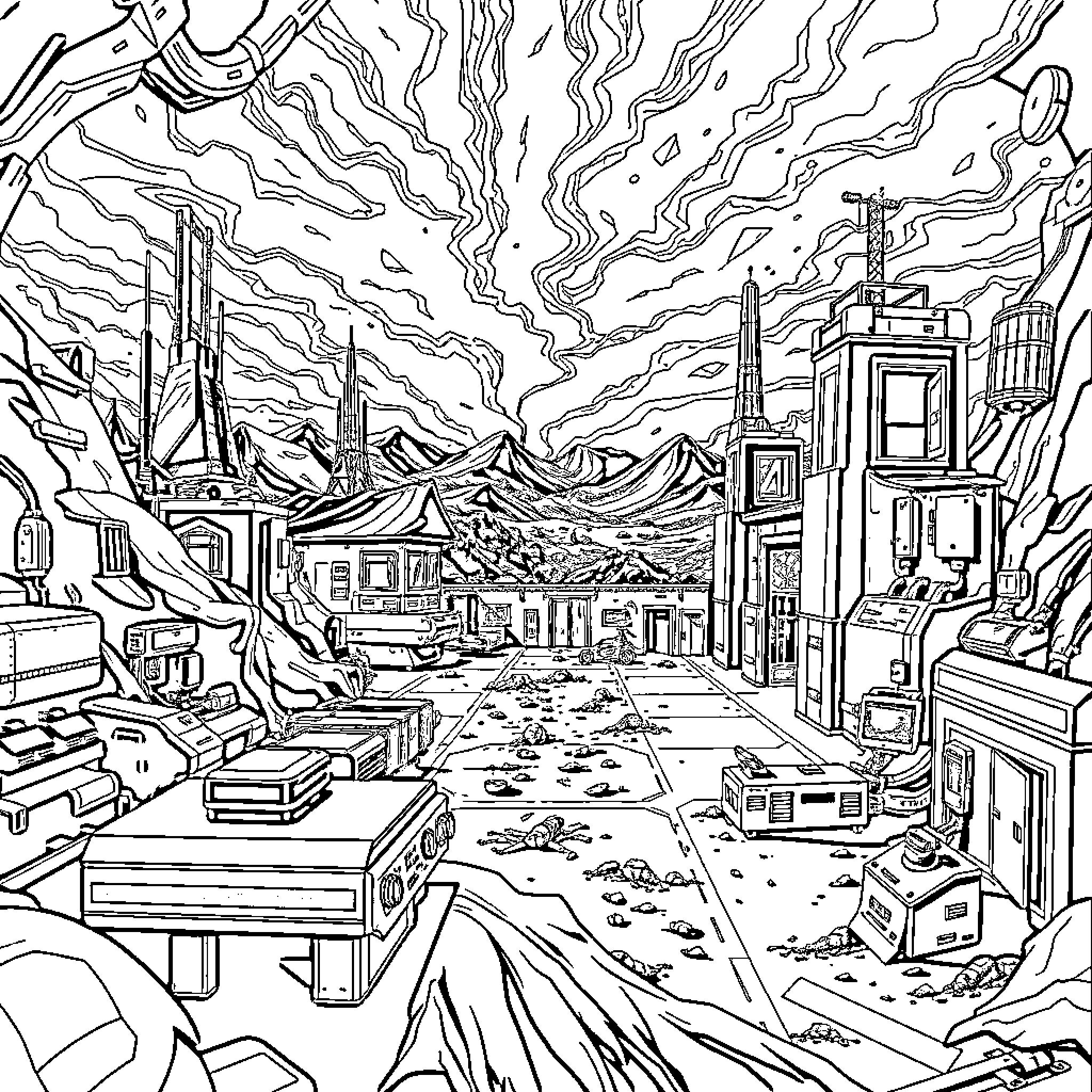 Area 51 - Dystopian Sci-Fi Landscape Coloring Page (free black-and-white line drawing printable PDF for all, from beginners to advanced learners, including children, teens, adults, and seniors)