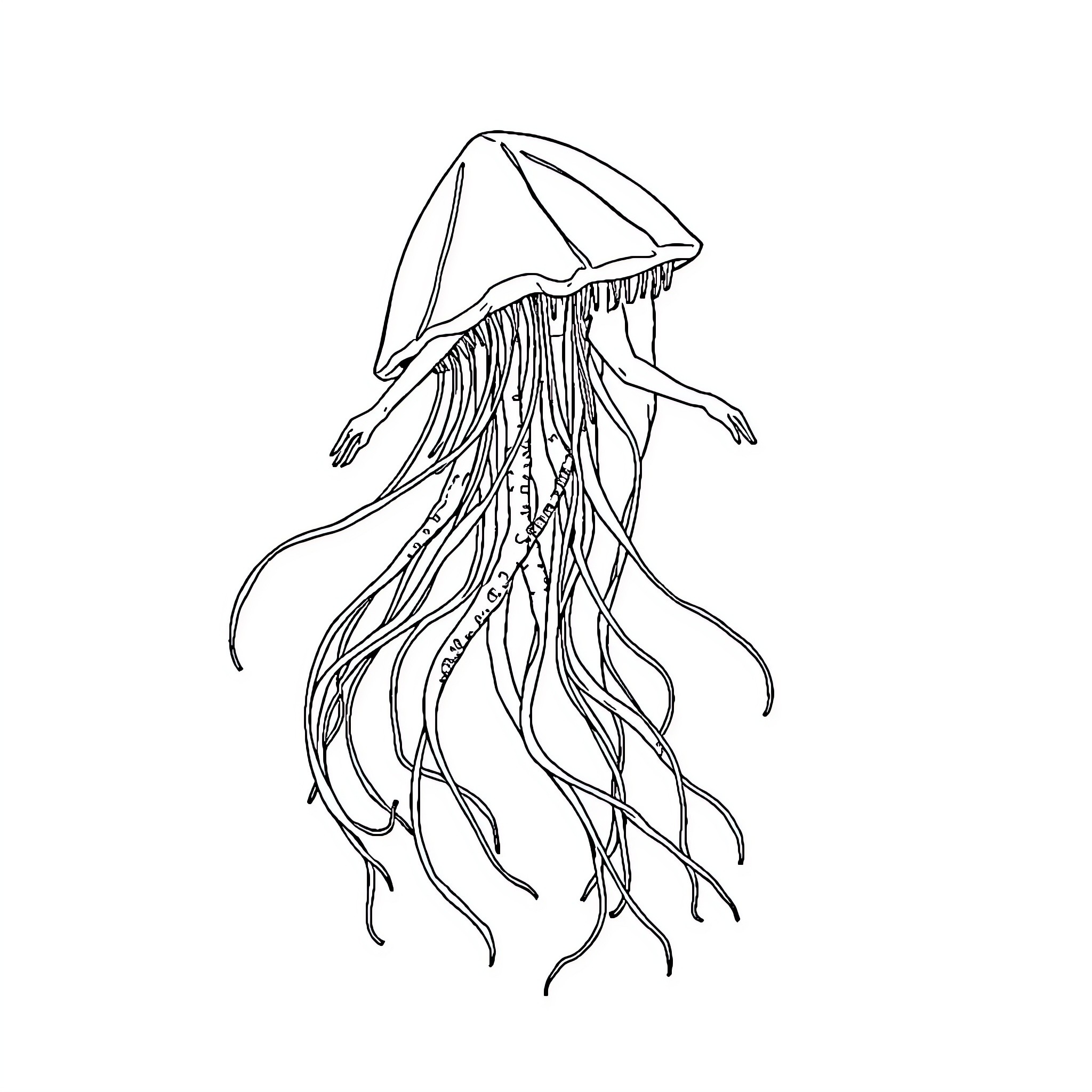 Human Jellyfish floating gracefully Coloring Page (free black-and-white line drawing printable PDF for all, from beginners to advanced learners, including children, teens, adults, and seniors)