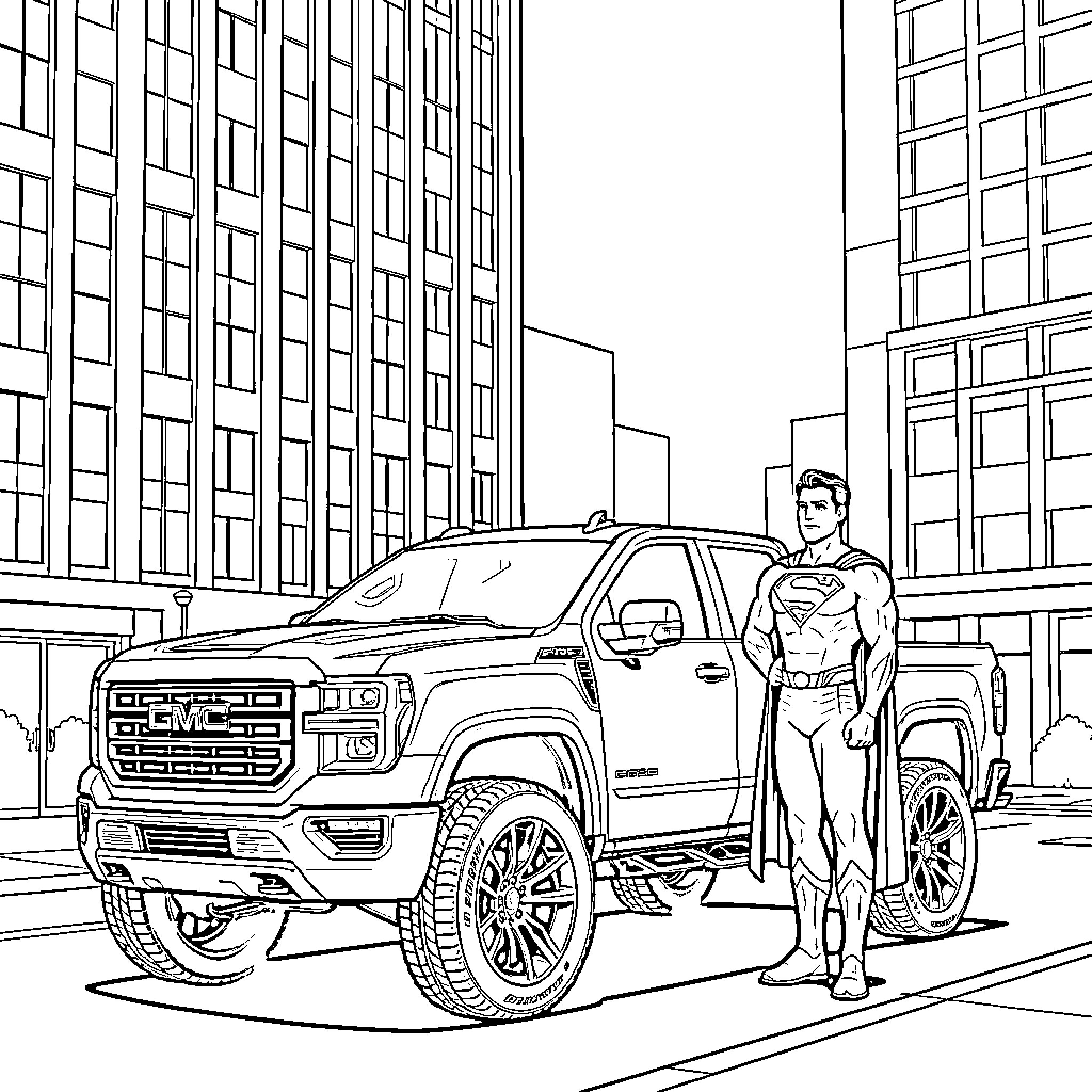 Superman standing beside a powerful pickup truck in the city Coloring Page (free black-and-white line drawing printable PDF for all, from beginners to advanced learners, including children, teens, adults, and seniors)