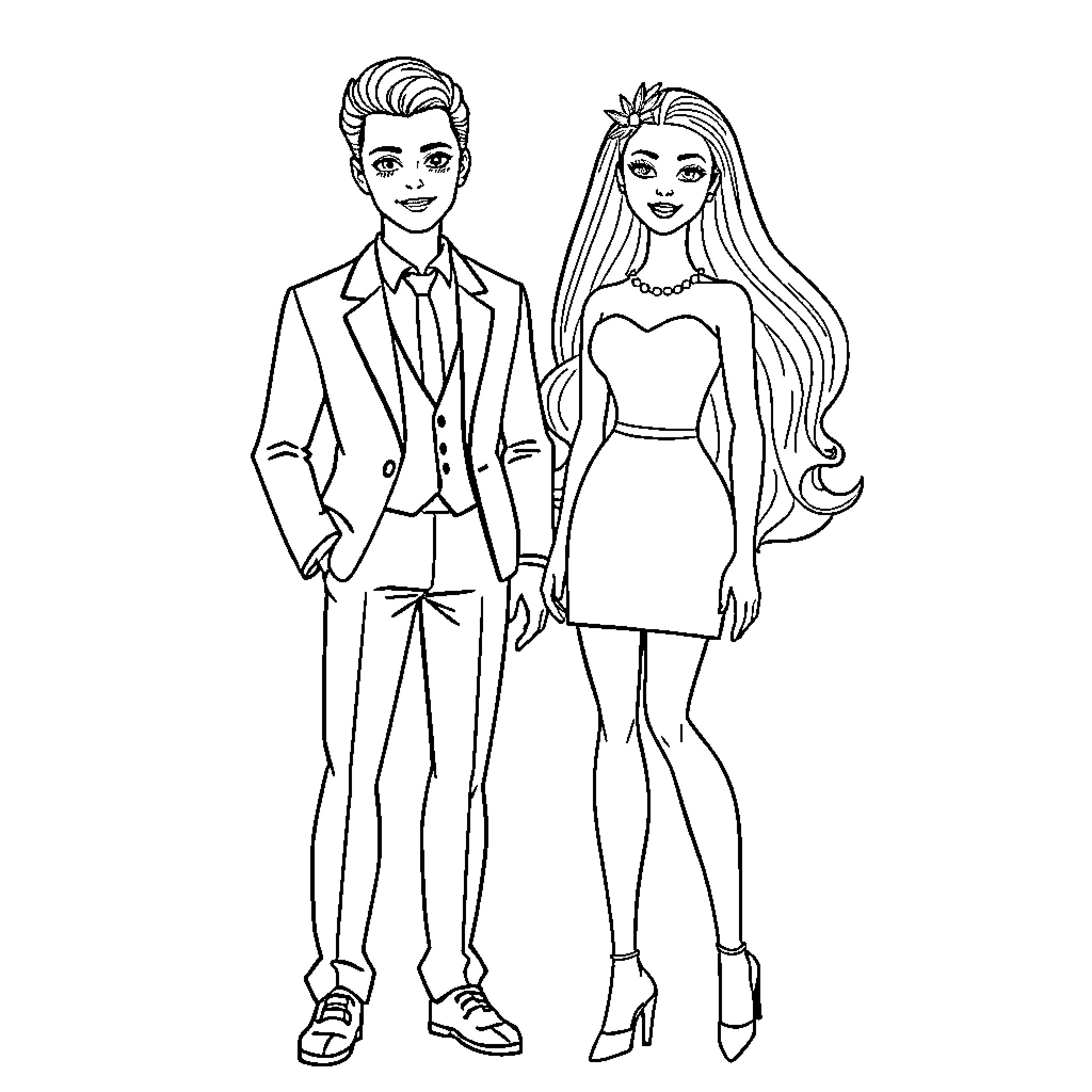 Barbie and Ken at their wedding Coloring Page (free black-and-white line drawing printable PDF for all, from beginners to advanced learners, including children, teens, adults, and seniors)