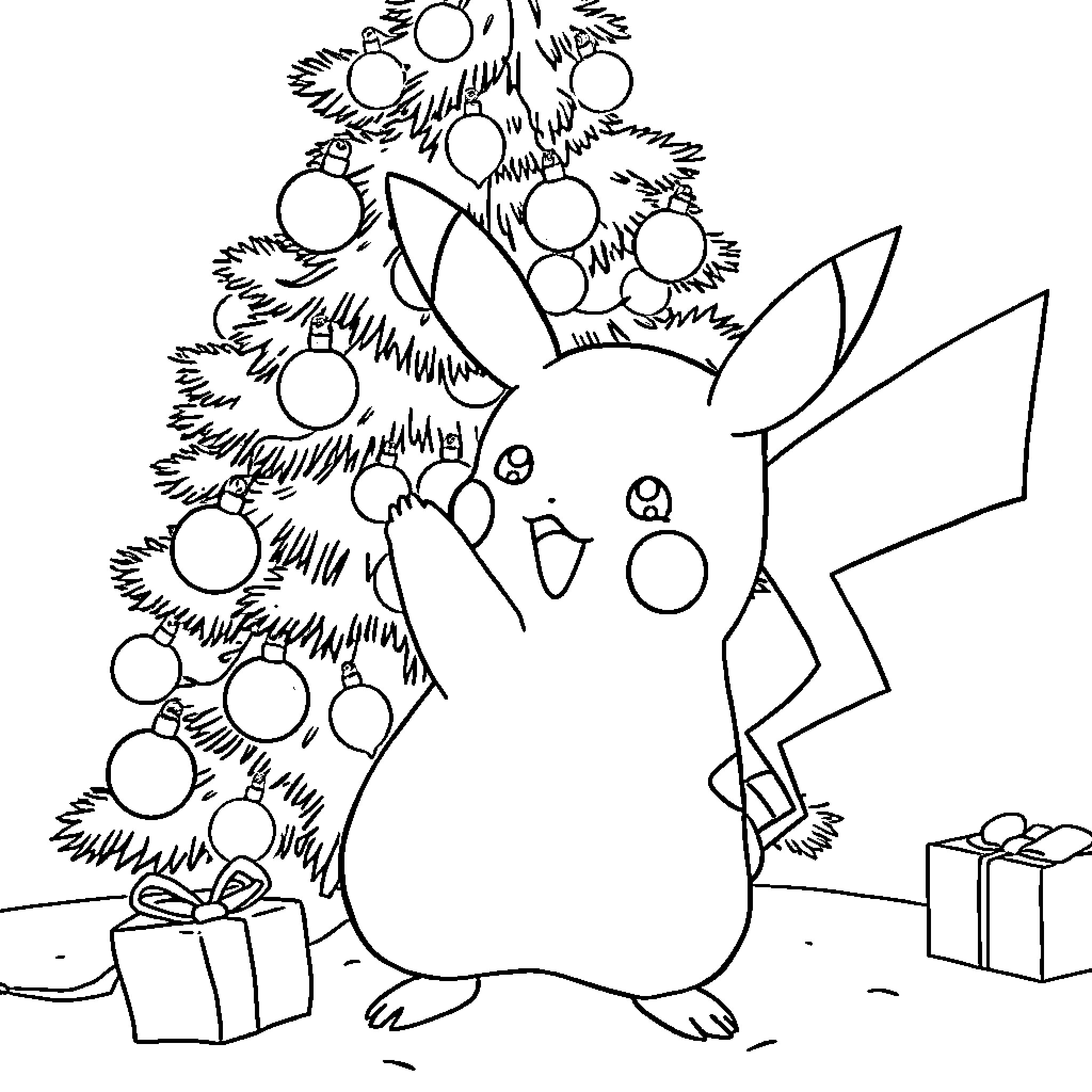 Pikachu decorating a Christmas tree Coloring Page (free black-and-white line drawing printable PDF for all, from beginners to advanced learners, including children, teens, adults, and seniors)