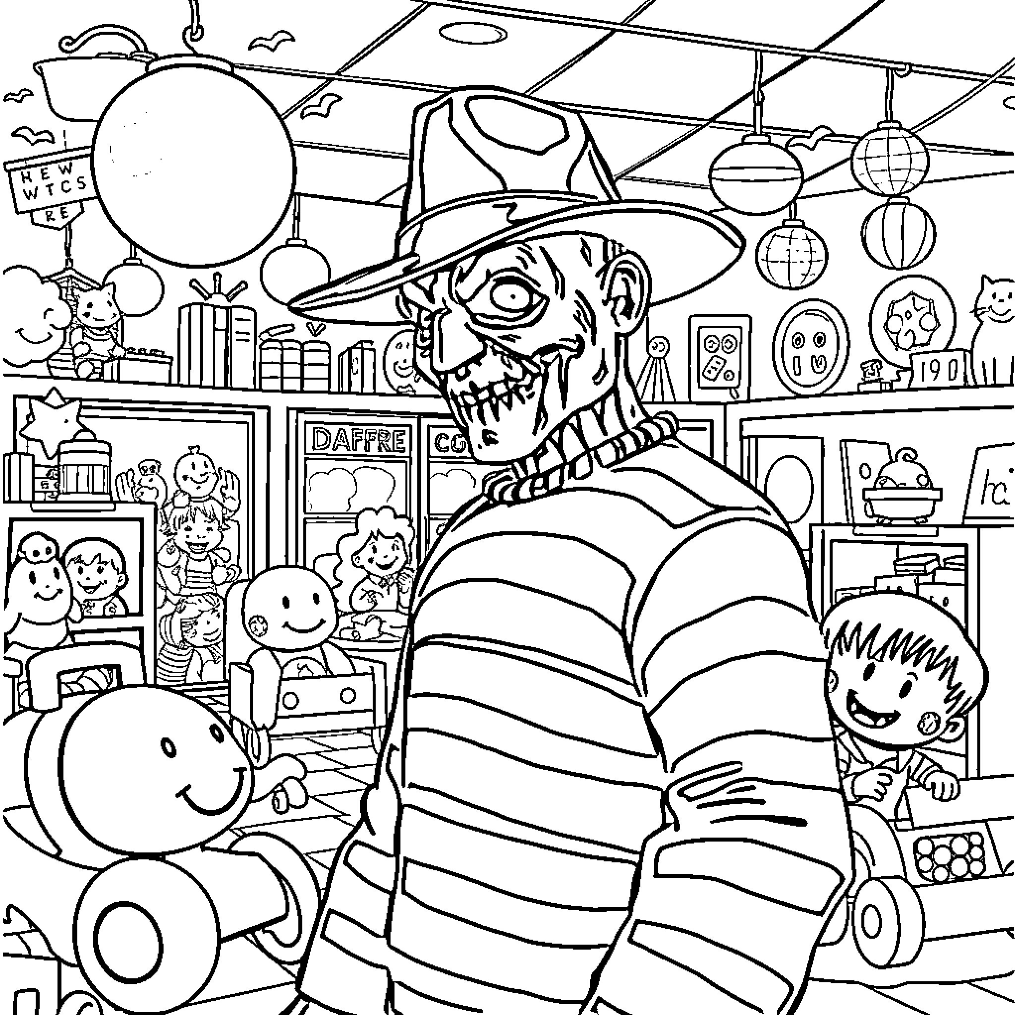 Freddy Krueger in a Halloween-themed room Coloring Page (free black-and-white line drawing printable PDF for all, from beginners to advanced learners, including children, teens, adults, and seniors)