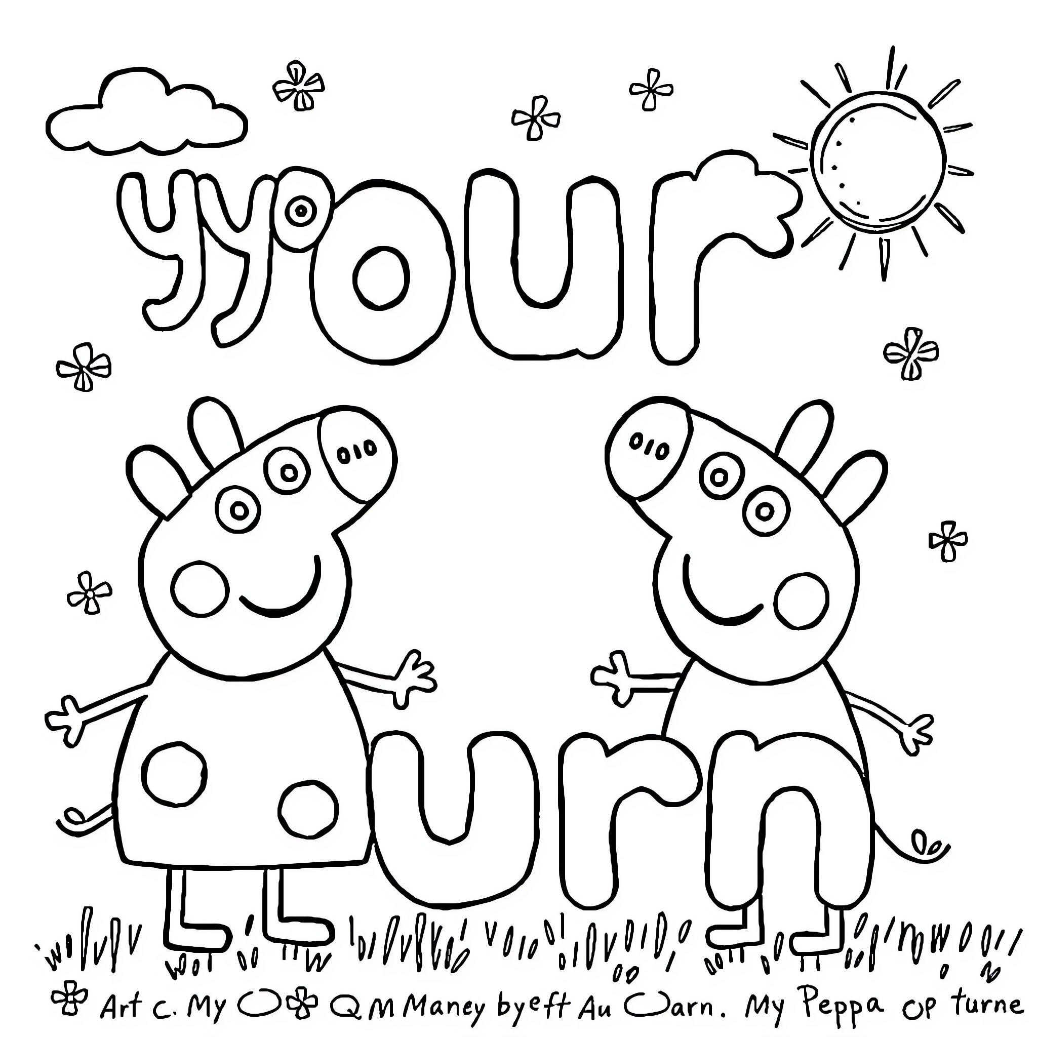 Peppa Pig and Friends Enjoying Playful Outdoor Scene Coloring Page (free black-and-white line drawing printable PDF for all, from beginners to advanced learners, including children, teens, adults, and seniors)