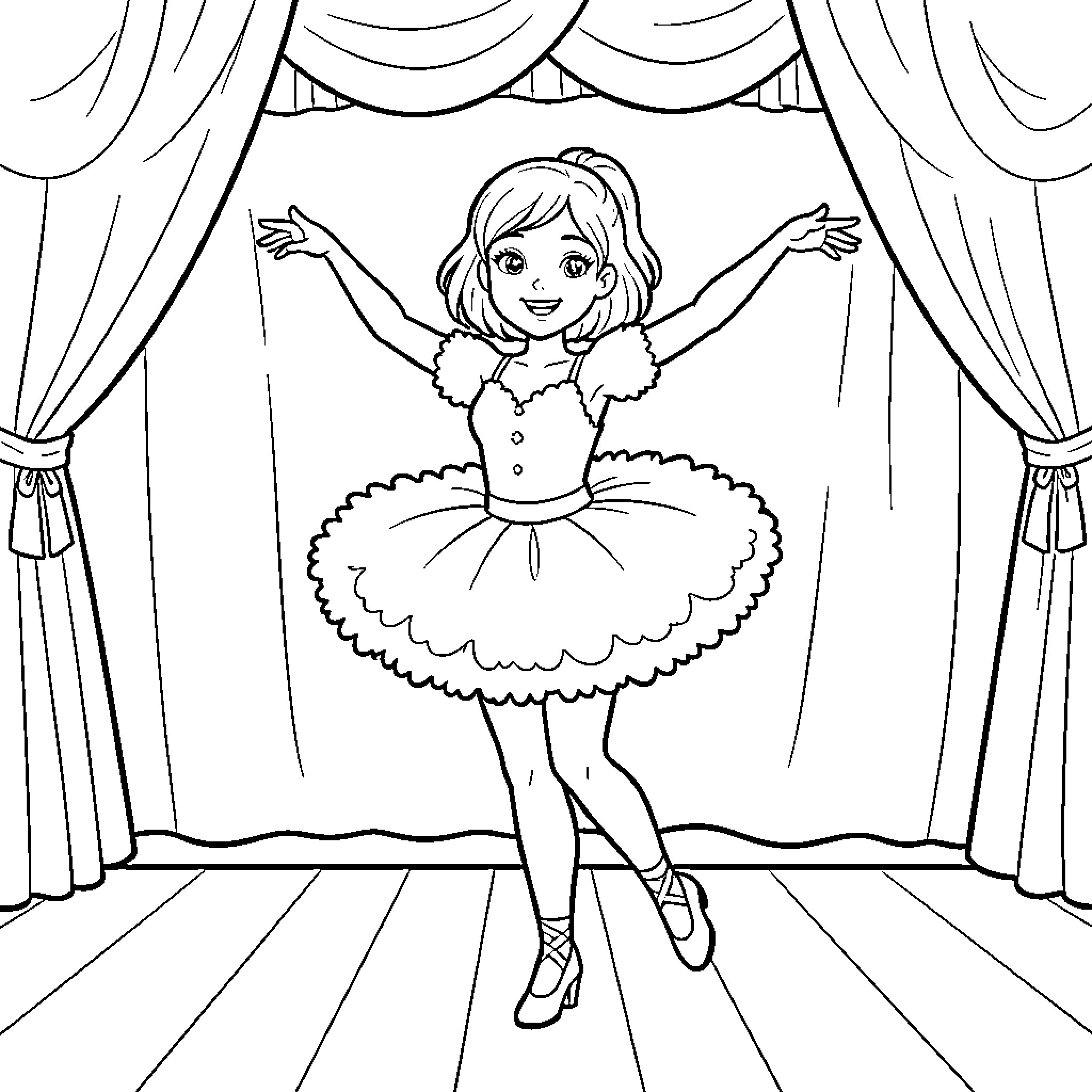 Johanne performing a ballet dance on a stage Coloring Page (free black-and-white line drawing printable PDF for all, from beginners to advanced learners, including children, teens, adults, and seniors)