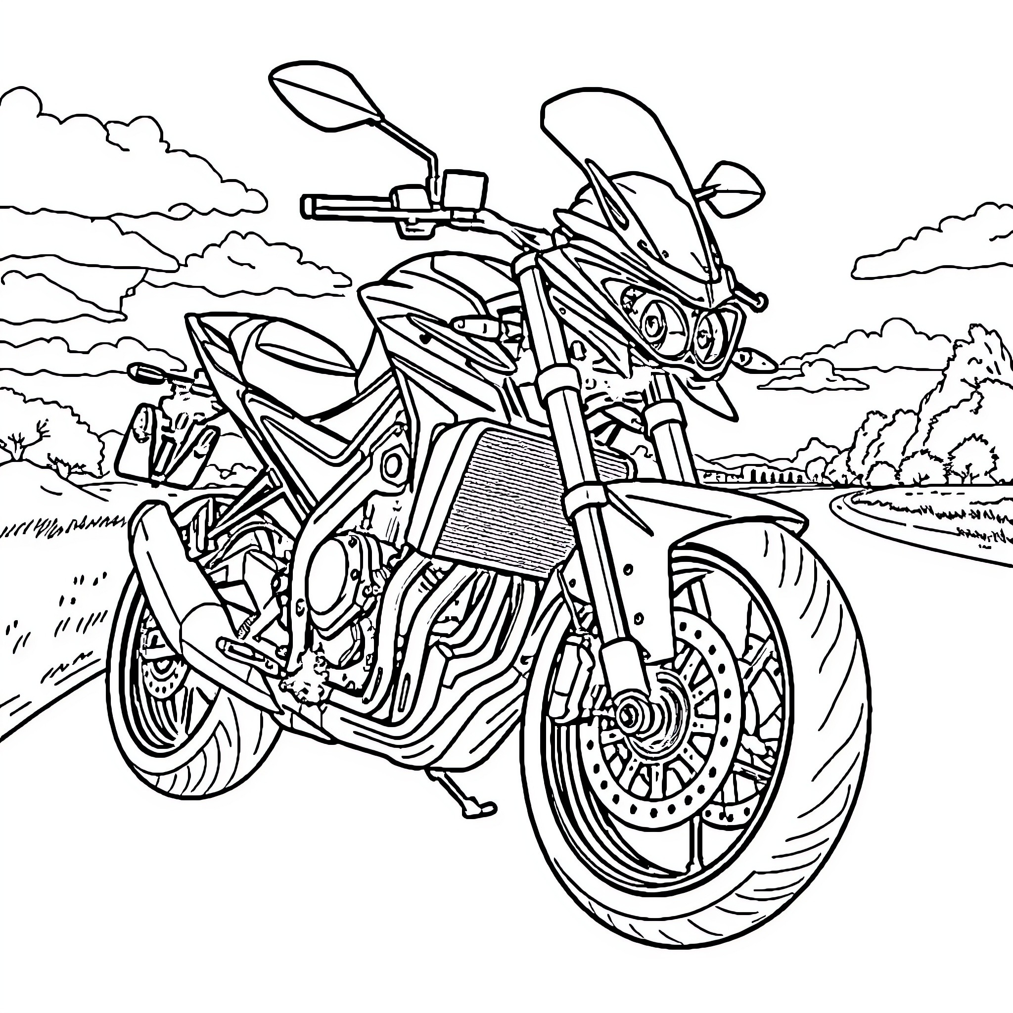Motorcycle racing through the countryside Coloring Page (free black-and-white line drawing printable PDF for all, from beginners to advanced learners, including children, teens, adults, and seniors)