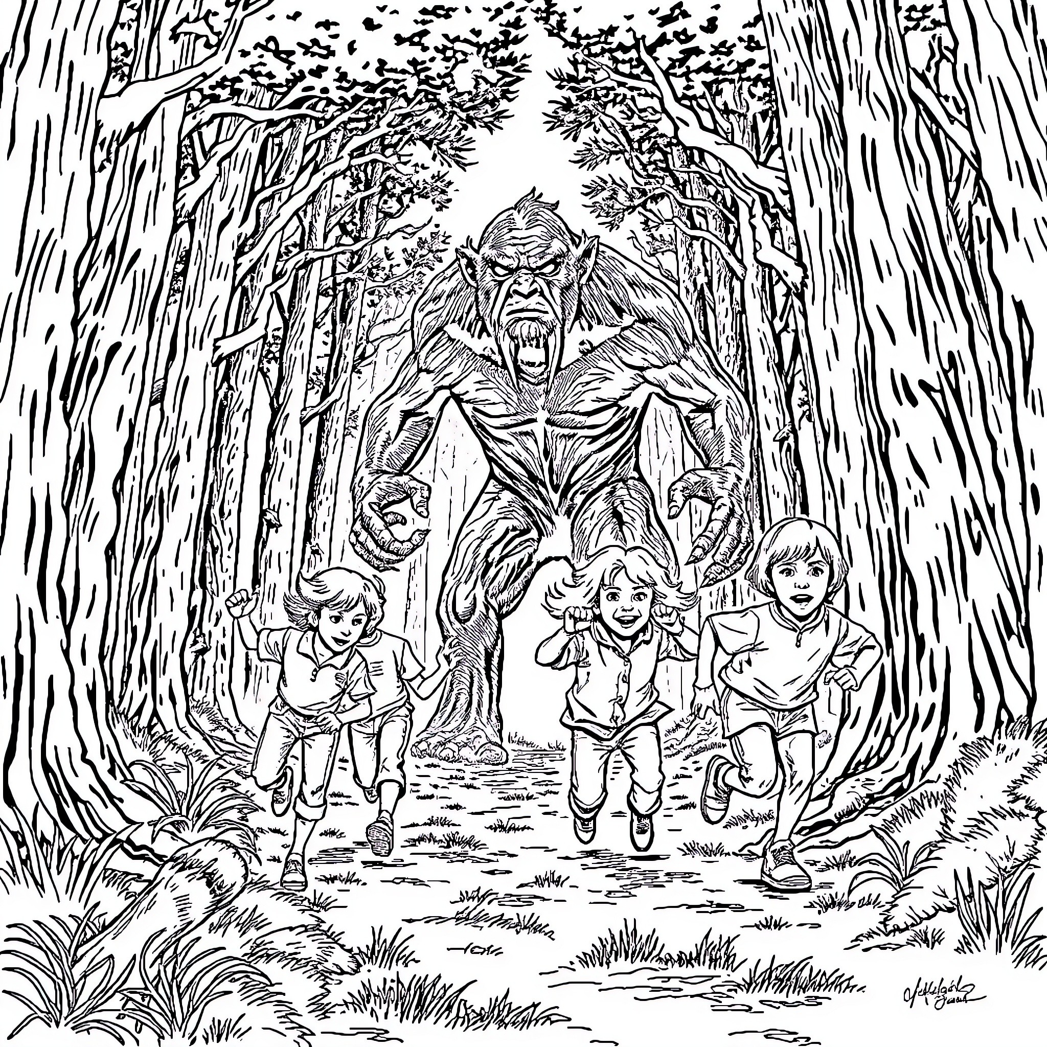 Stranger Things: Terrifying Creature Chases Curious Children in Mysterious Forest Coloring Page (free black-and-white line drawing printable PDF for all, from beginners to advanced learners, including children, teens, adults, and seniors)