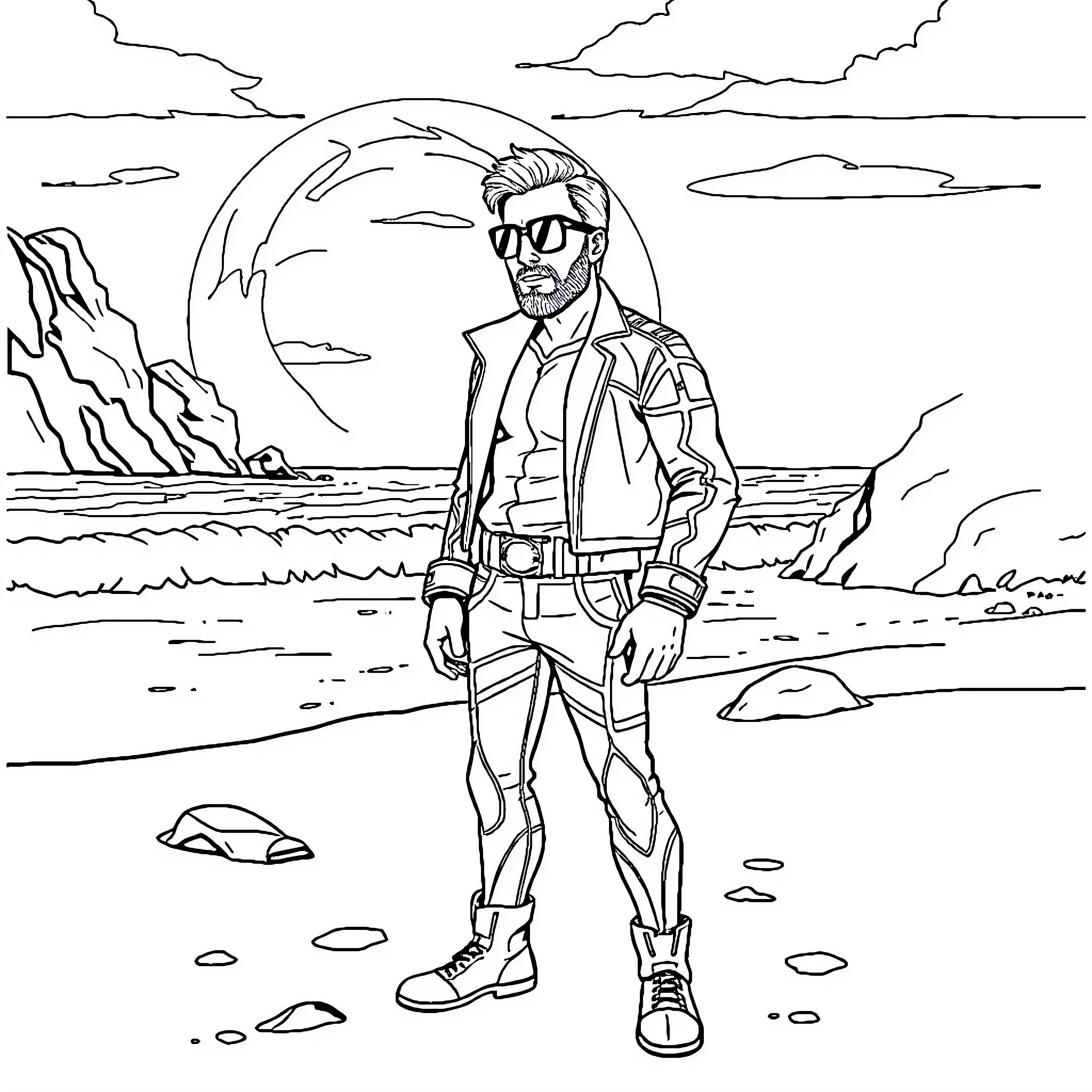 Star Lord standing amidst rugged terrain in heroic pose Coloring Page (free black-and-white line drawing printable PDF for all, from beginners to advanced learners, including children, teens, adults, and seniors)