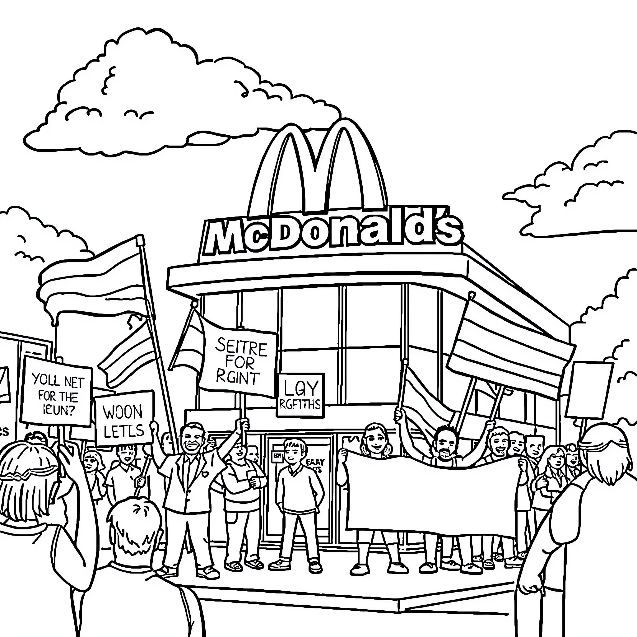 McDonald's protesters demonstrating outside restaurant Coloring Page (free black-and-white line drawing printable PDF for all, from beginners to advanced learners, including children, teens, adults, and seniors)