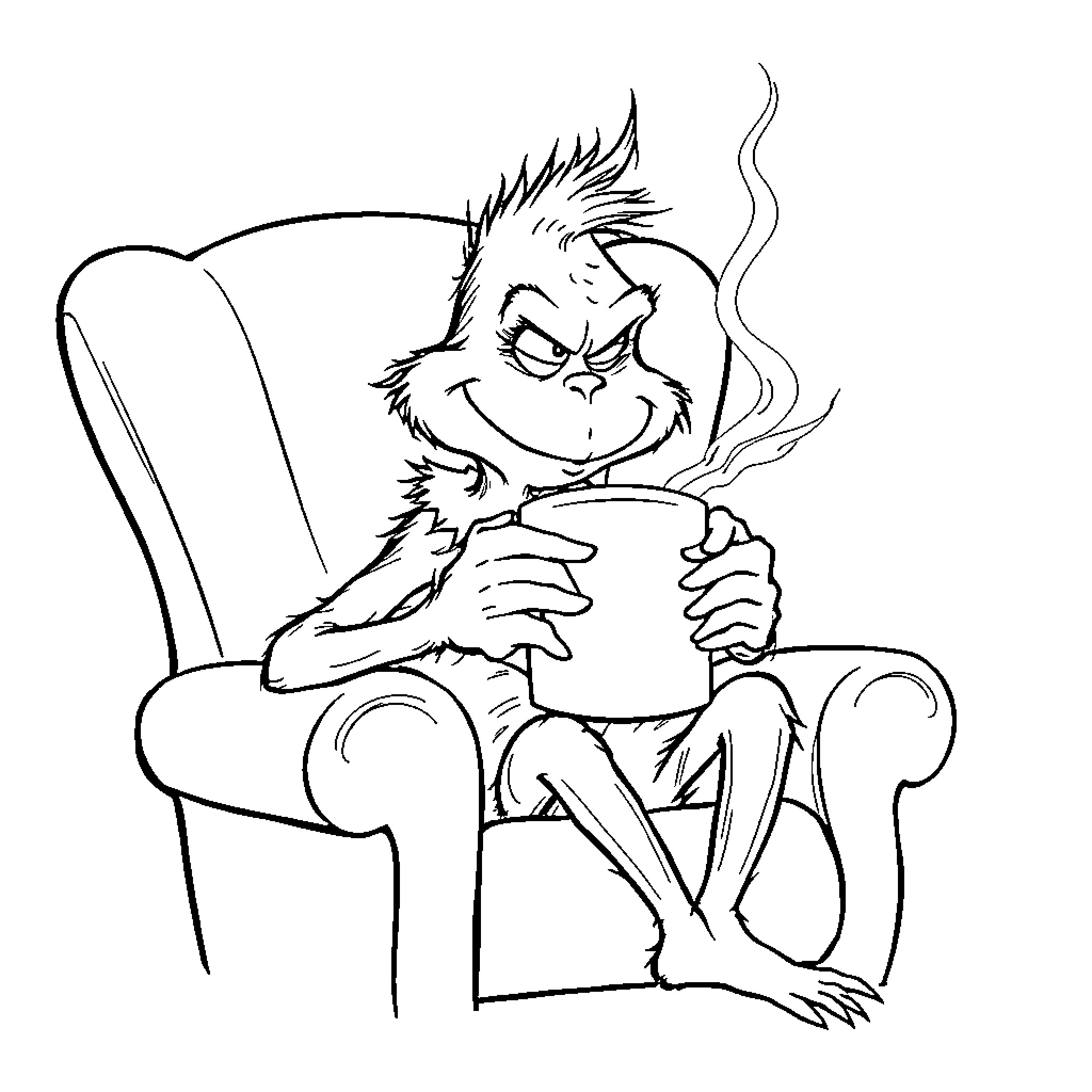Grinch enjoying a hot beverage in an armchair Coloring Page (free black-and-white line drawing printable PDF for all, from beginners to advanced learners, including children, teens, adults, and seniors)
