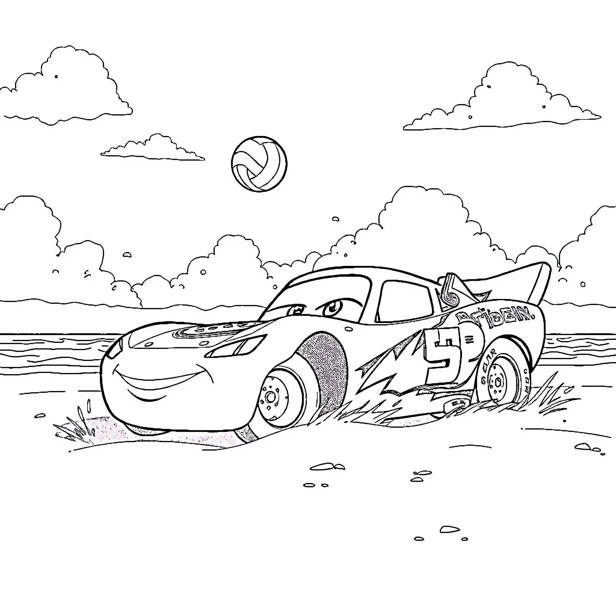 Lightning McQueen racing in the desert Coloring Page (free black-and-white line drawing printable PDF for all, from beginners to advanced learners, including children, teens, adults, and seniors)