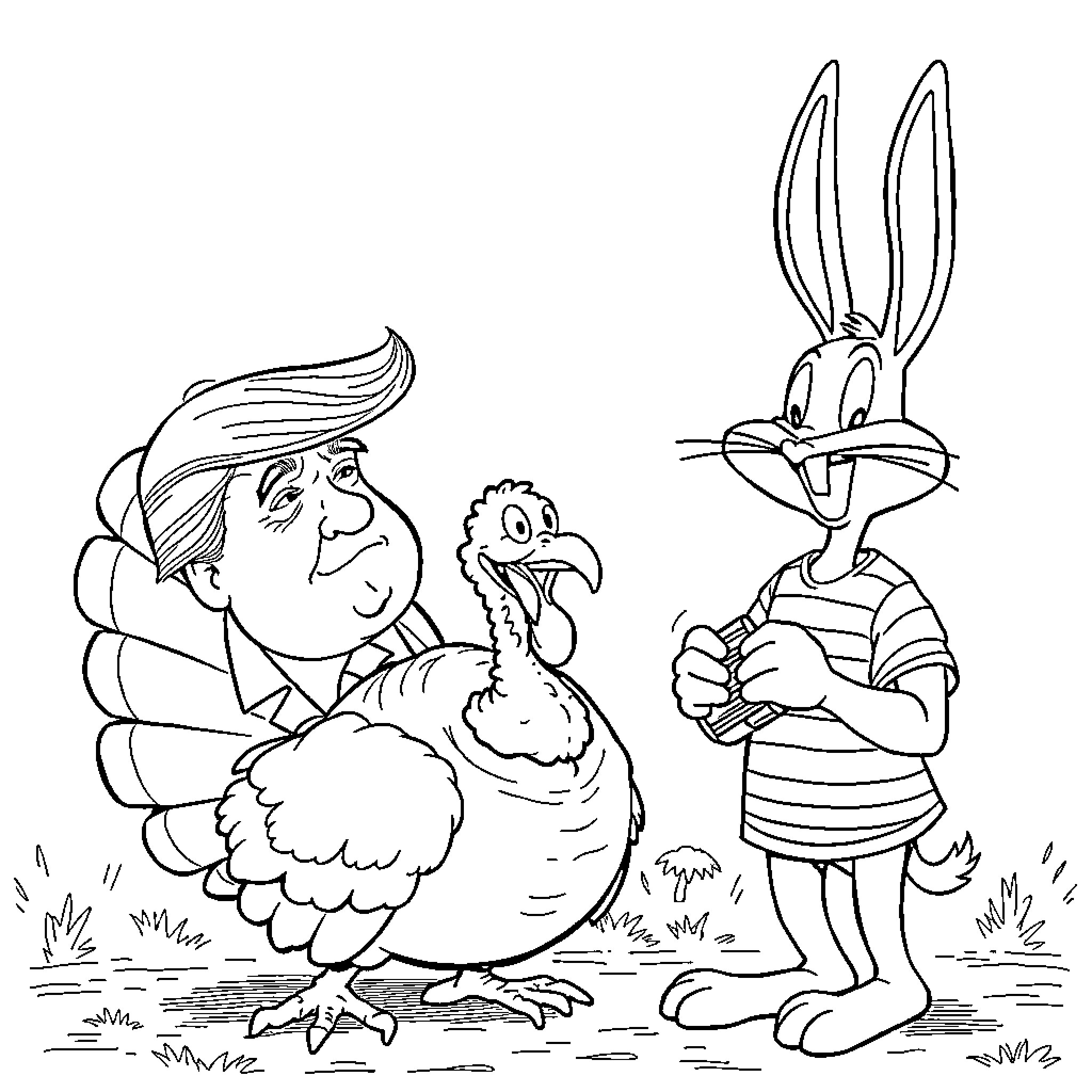 Trump's Animated Encounter with Iconic Characters Coloring Page (free black-and-white line drawing printable PDF for all, from beginners to advanced learners, including children, teens, adults, and seniors)