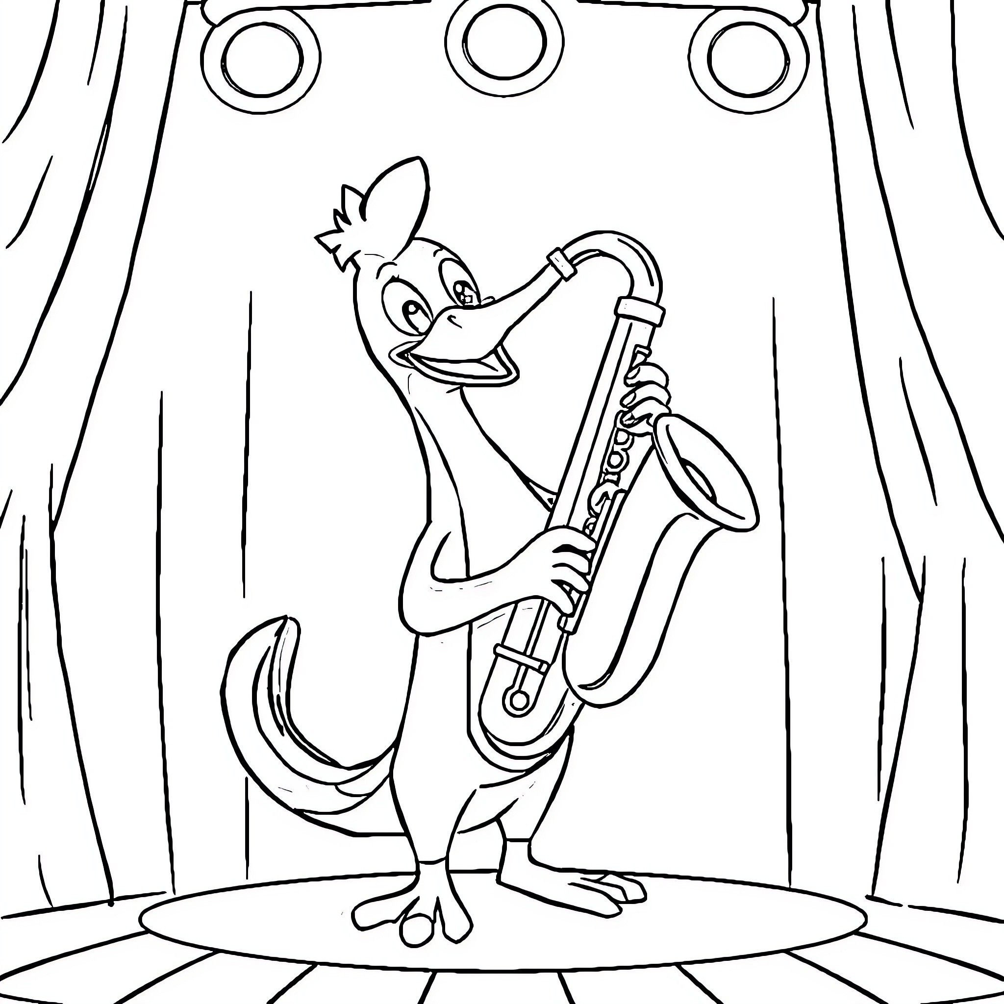 Platypus playing saxophone on stage Coloring Page (free black-and-white line drawing printable PDF for all, from beginners to advanced learners, including children, teens, adults, and seniors)