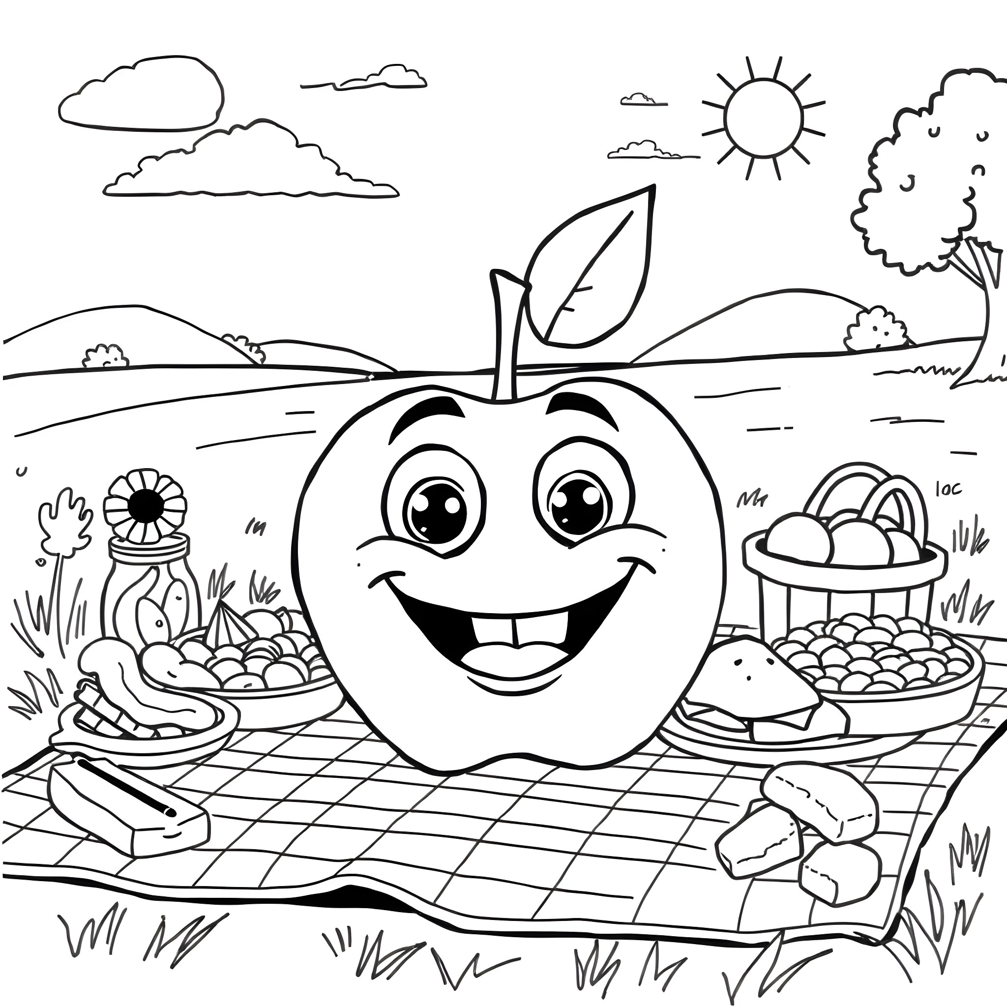 Apple picnic in a sunny countryside Coloring Page (free black-and-white line drawing printable PDF for all, from beginners to advanced learners, including children, teens, adults, and seniors)