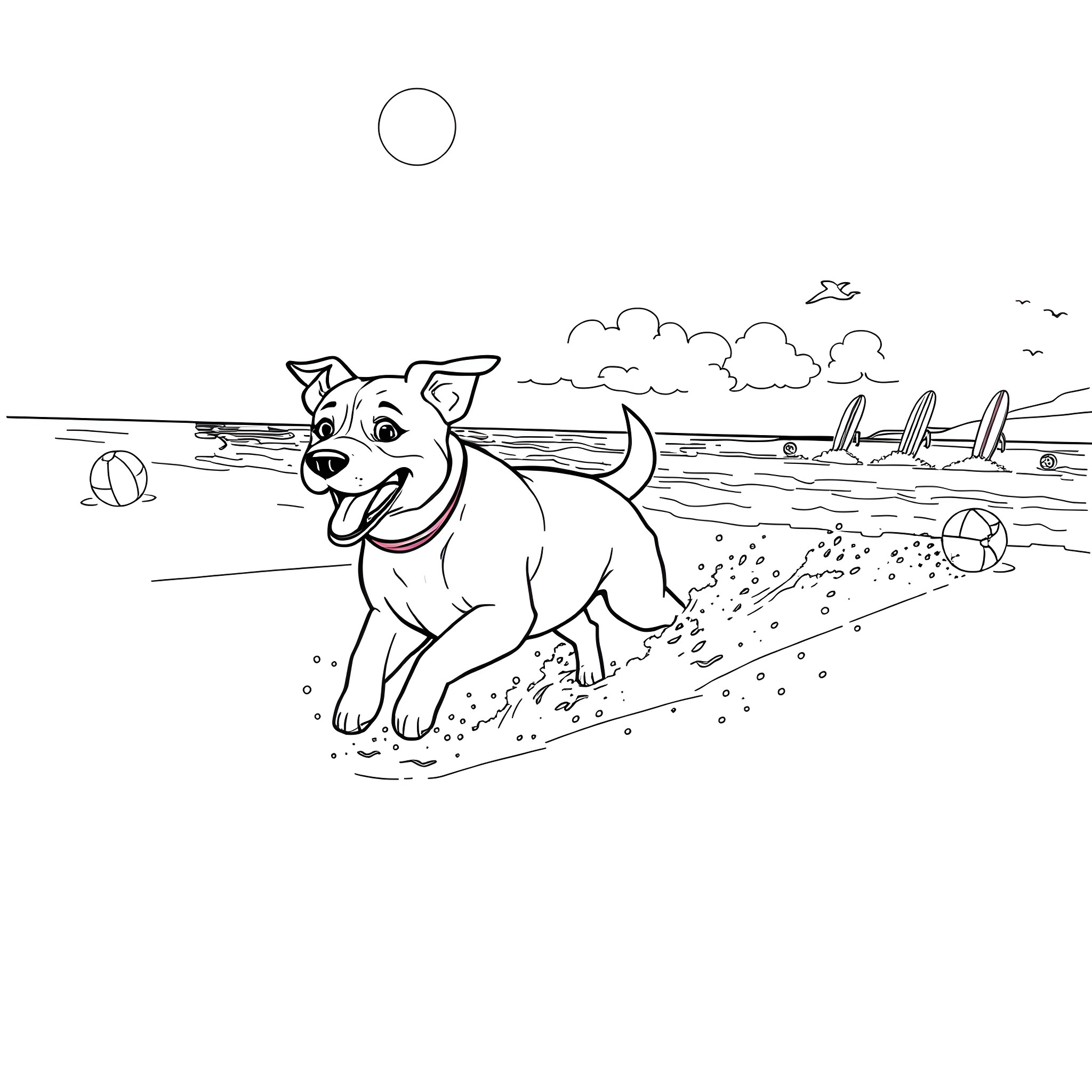Dog playing on the beach Coloring Page (free black-and-white line drawing printable PDF for all, from beginners to advanced learners, including children, teens, adults, and seniors)