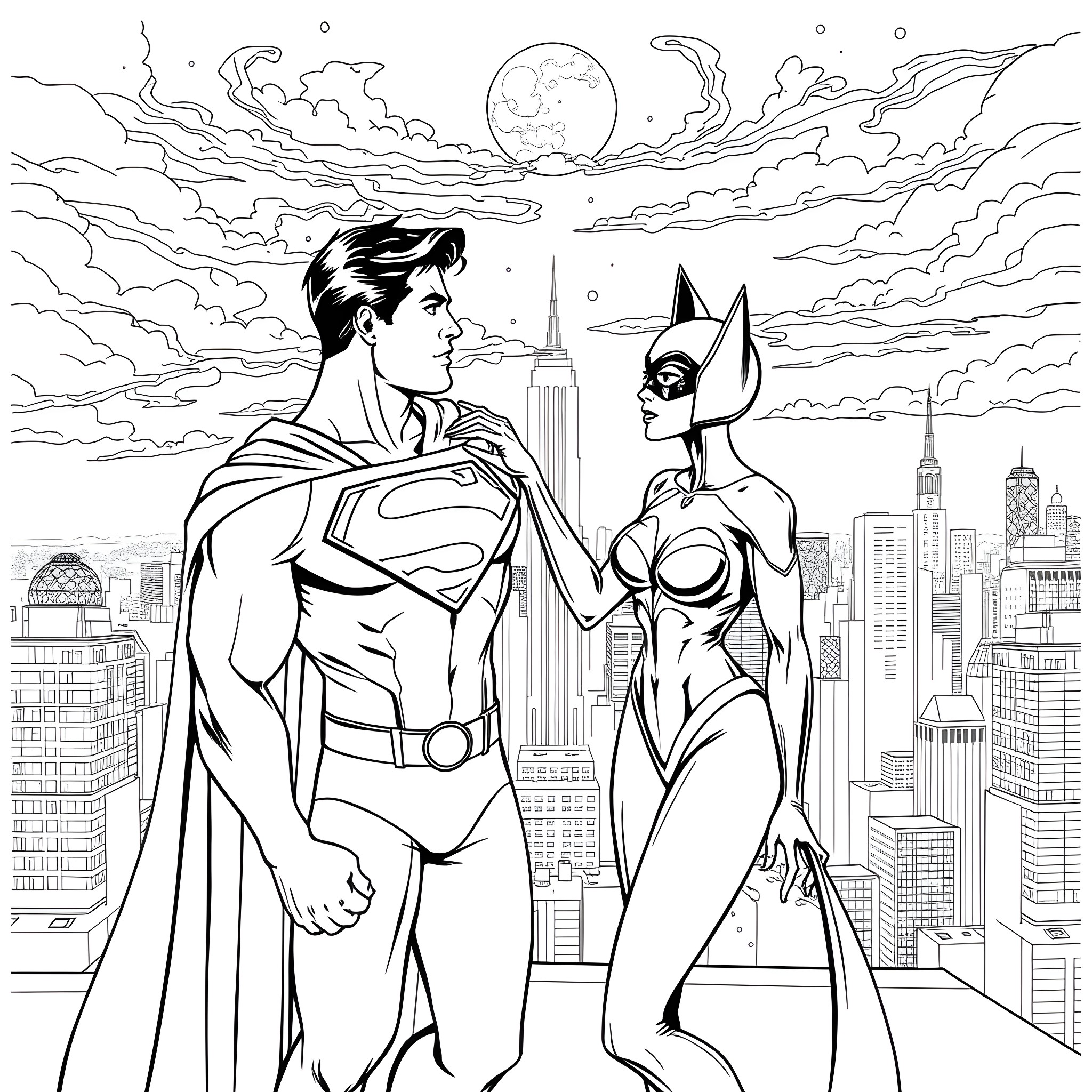 Superman and Catwoman overlooking the city skyline Coloring Page (free black-and-white line drawing printable PDF for all, from beginners to advanced learners, including children, teens, adults, and seniors)